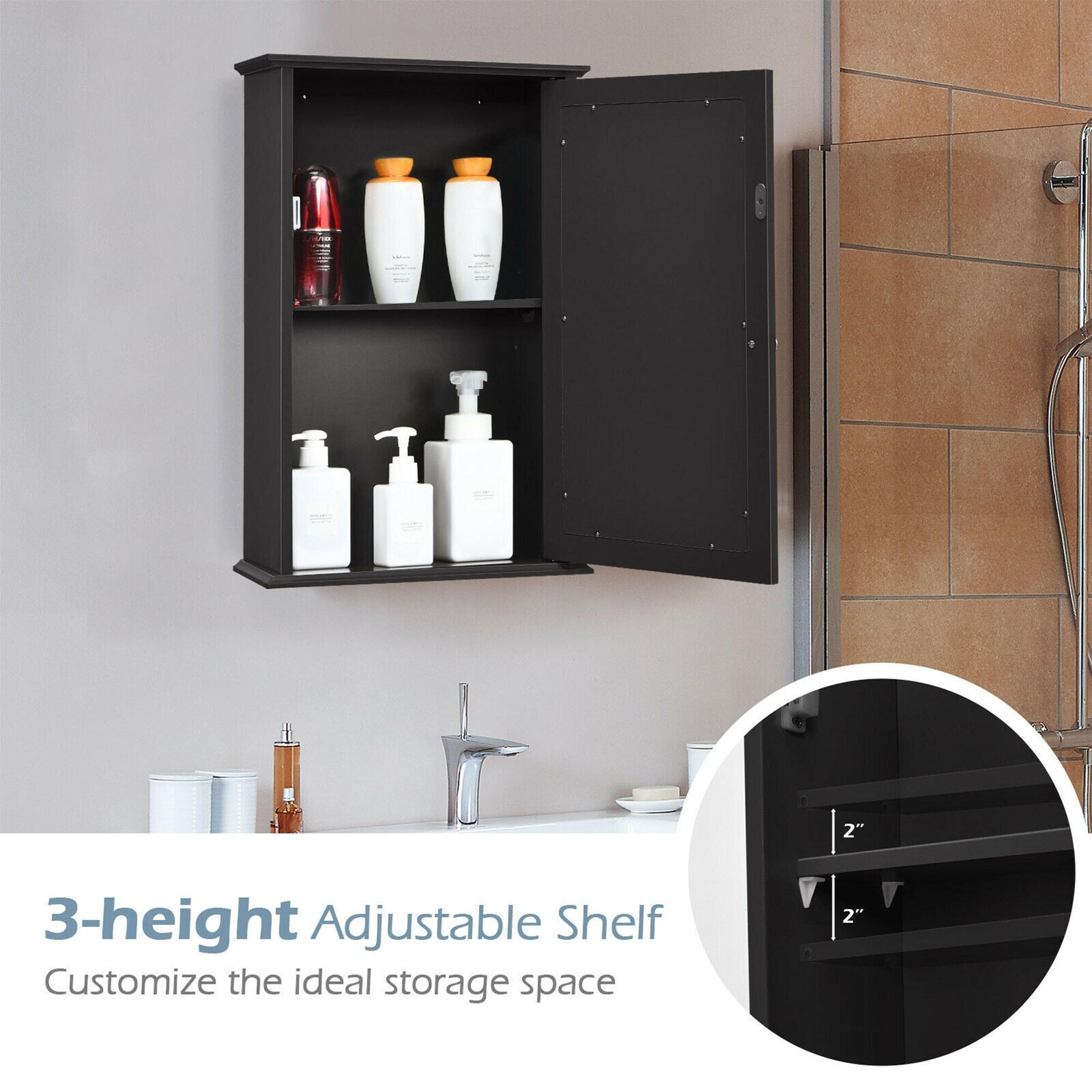 Costway Bathroom Wall Cabinet Single Mirror Door Cupboard Storage Wood Shelf Brown