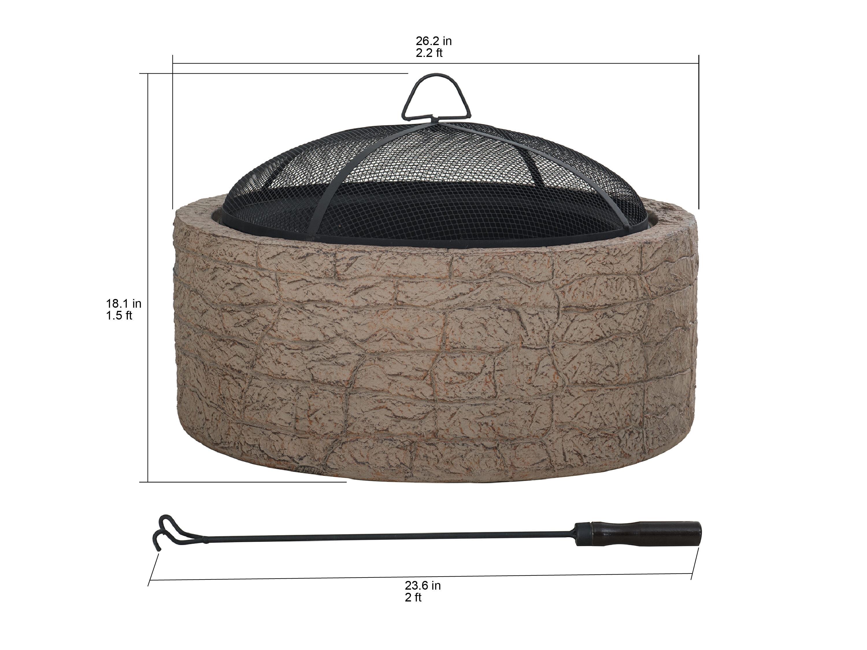 Sunjoy Stone Fire Pit 26 Inch, Outdoor Round Wood Burning Fire Pits with Spark Screen and Poker  Tan