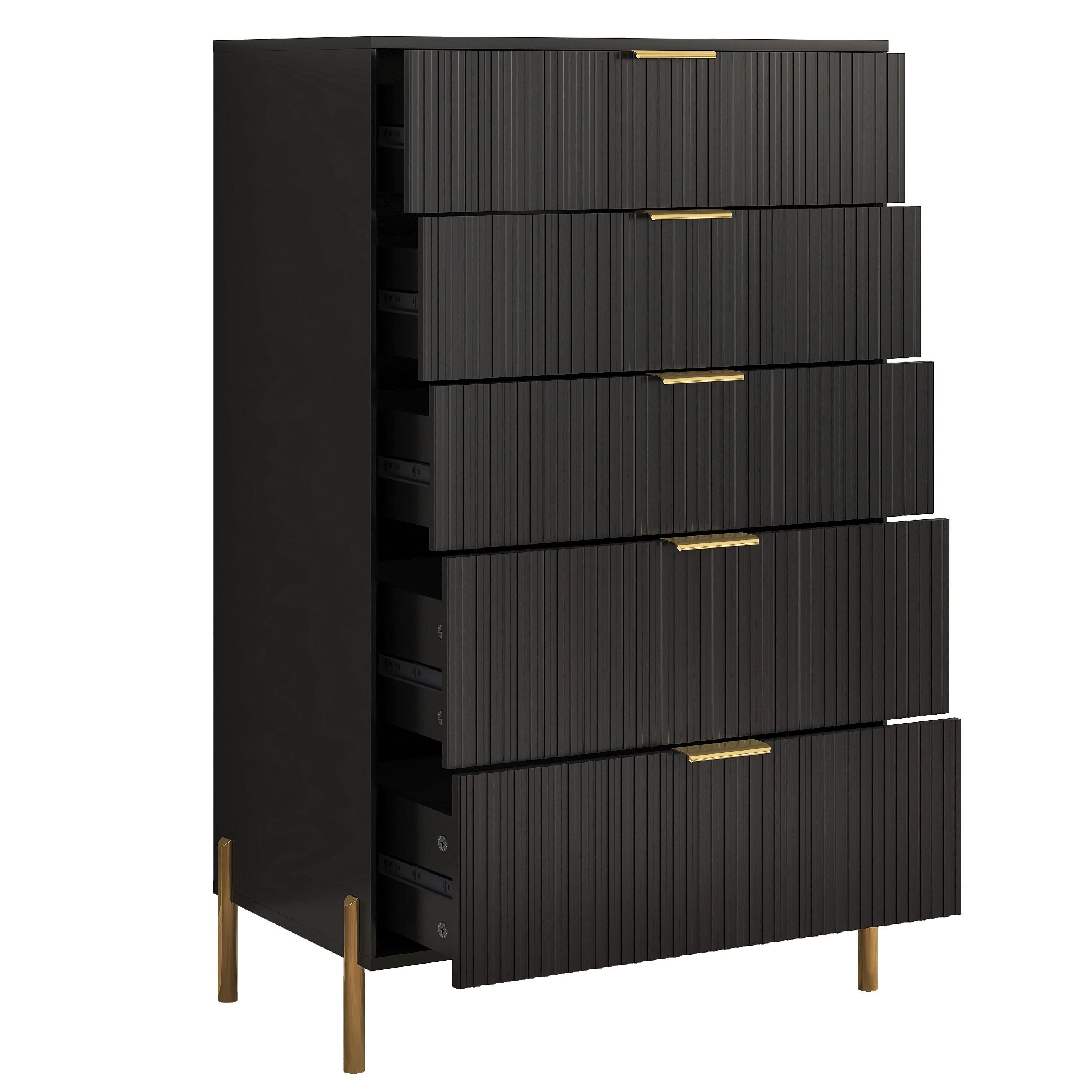 Festivo 5 Drawer Chest of Drawers Black: Modern Vertical Dresser, MDF Construction, Includes Anti-Tip Hardware