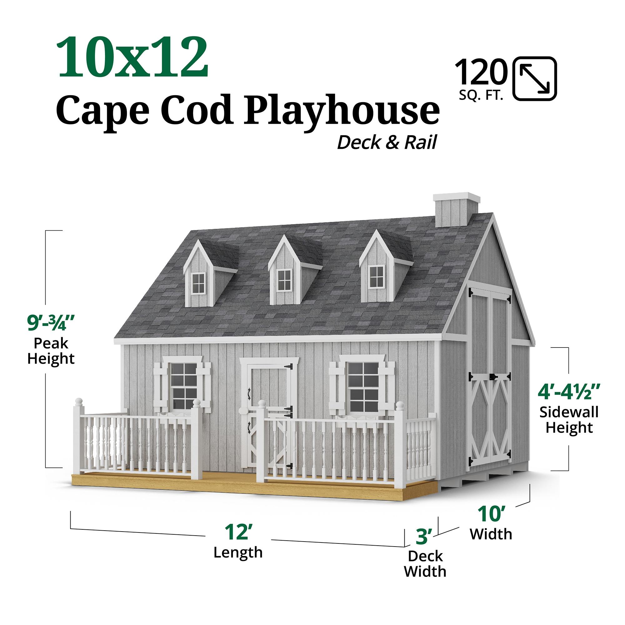 Little Cottage Co. 10x12 Cape Cod Playhouse with Floor, Deck and Rail, and Loft, Outdoor Wood Do-It-Yourself Kit