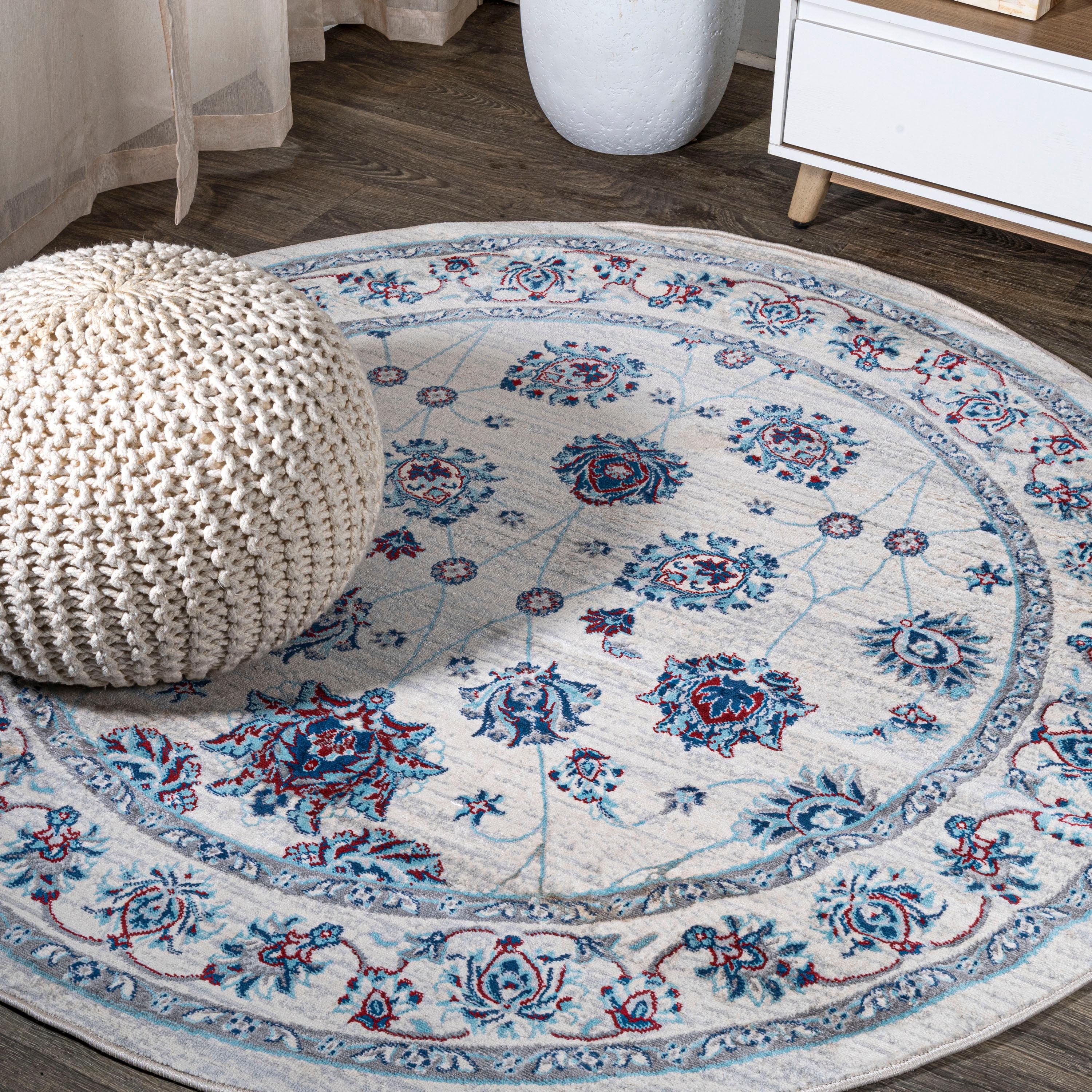 5' Round Modern Persian Vintage Moroccan Traditional Area Rug, Ivory/Blue/Red - JONATHAN Y