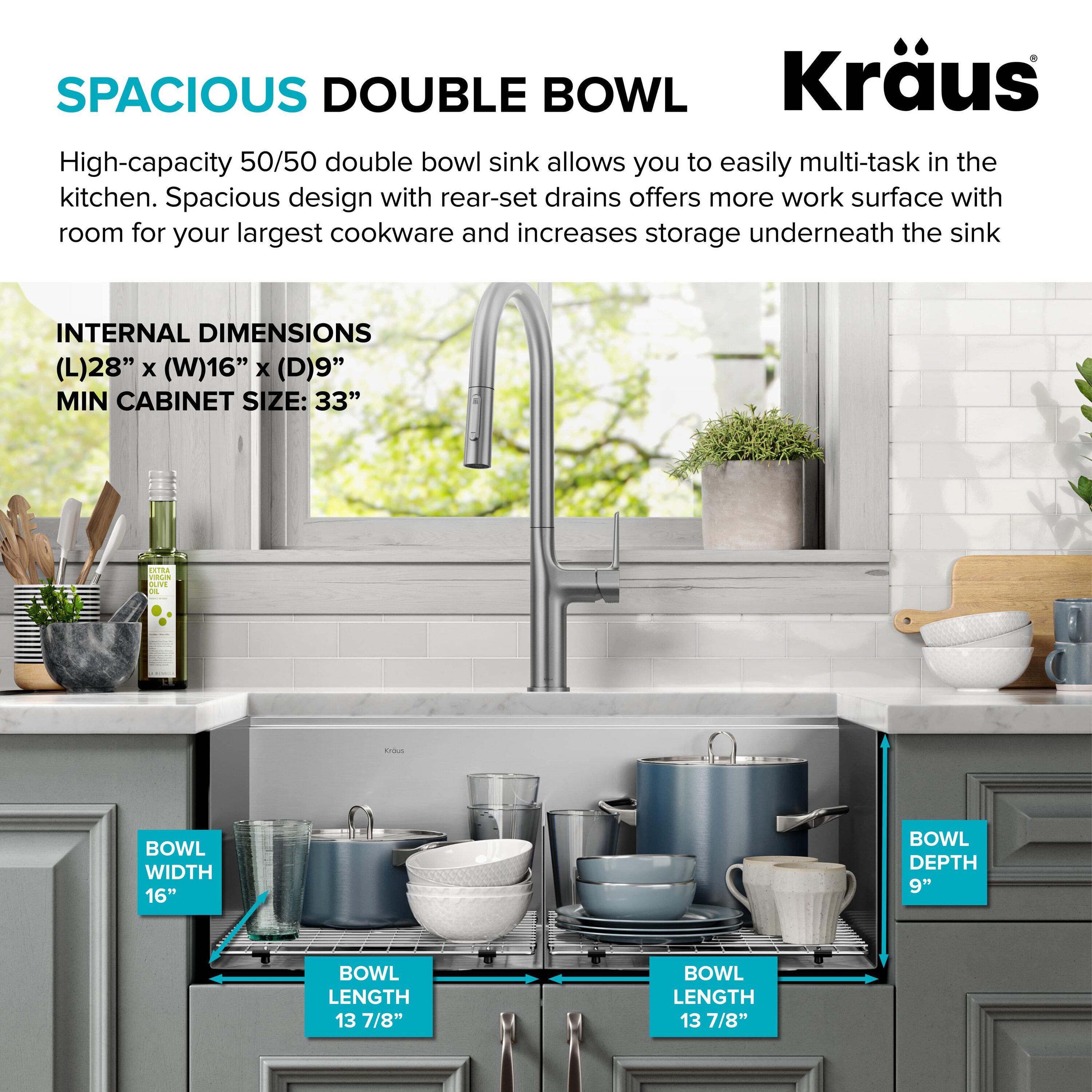 KRAUS Kore™ 30" L Drop-In Workstation 16 Gauge Stainless Steel Double Bowl Kitchen Sink with Accessories