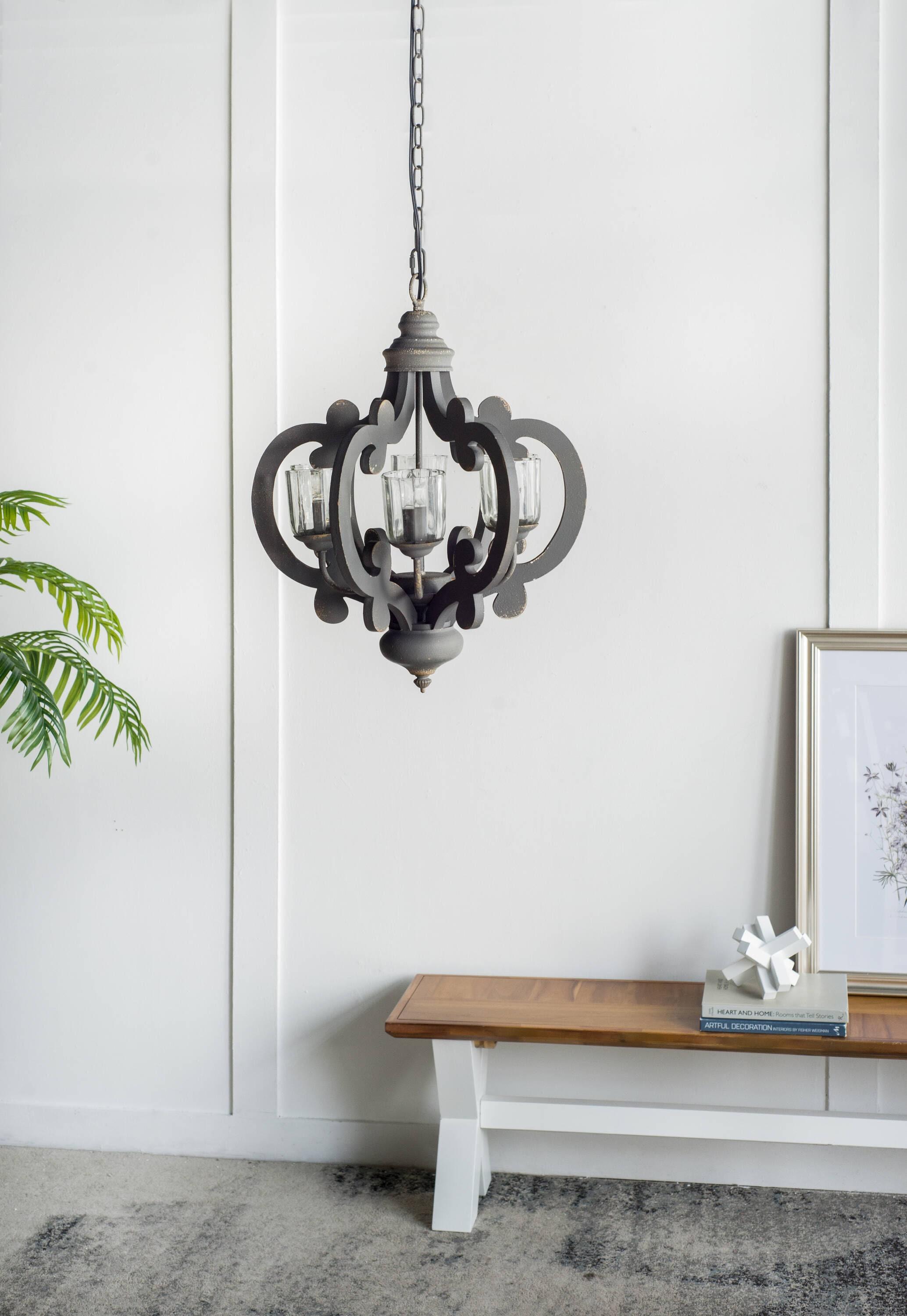 21"x24" 6-Light Wood Chandelier Ceiling Light Gray - A&B Home: No Assembly, UL Listed, Adjustable Height