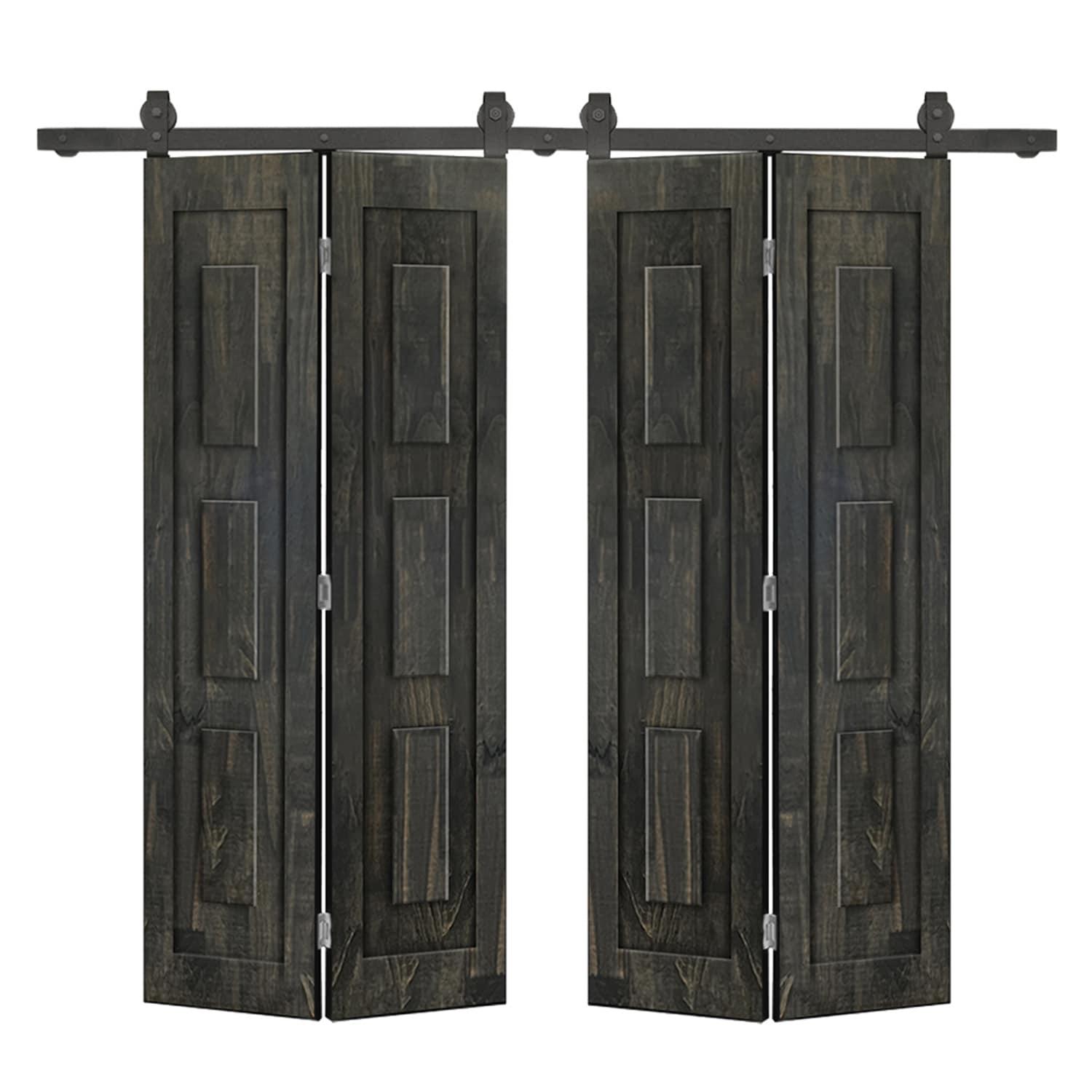 Calhome 3 Panel Shaker Pine Wood Double Bi-Fold Door with Sliding Barn Door Hardware Kit