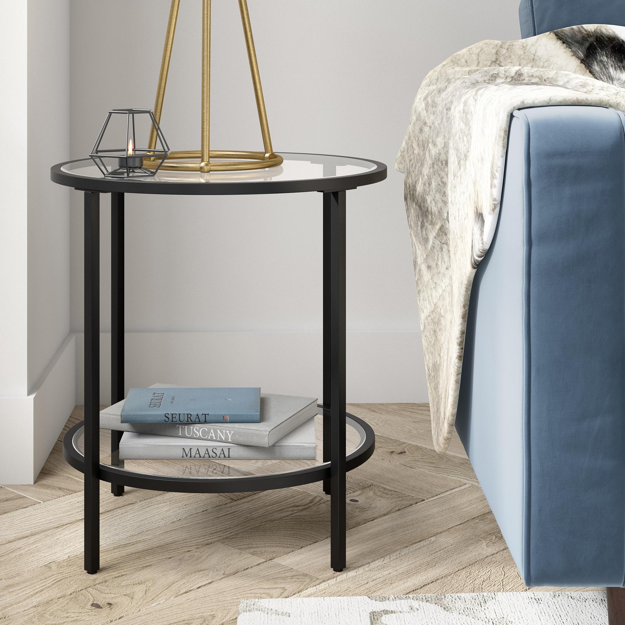 Black Bronze Round Side Table with Glass Shelf - Henn&Hart