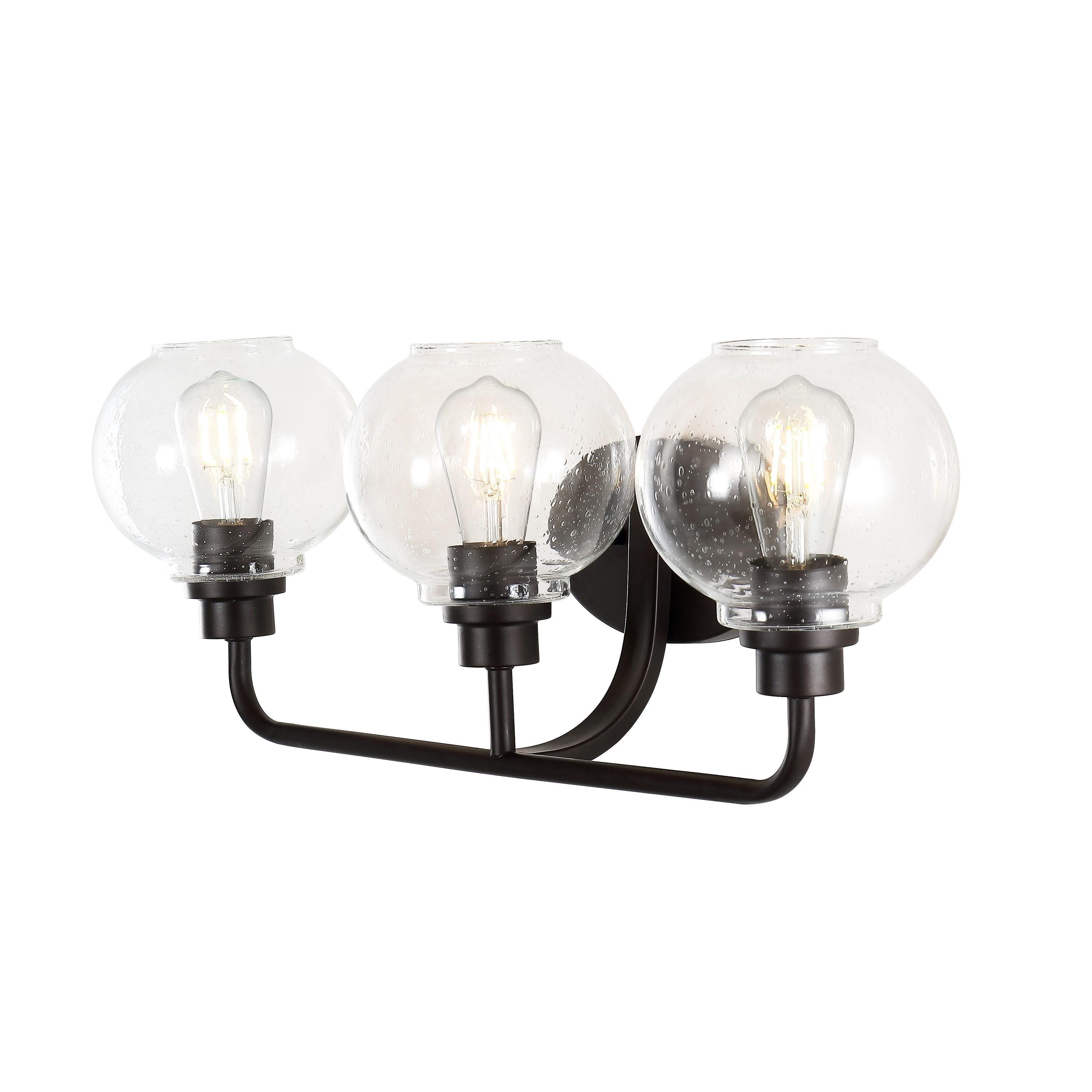 JONATHAN Y Sandrine 26.25" 3-Light Iron/Seeded Glass Cottage Rustic LED Vanity Light, Oil Rubbed Bronze