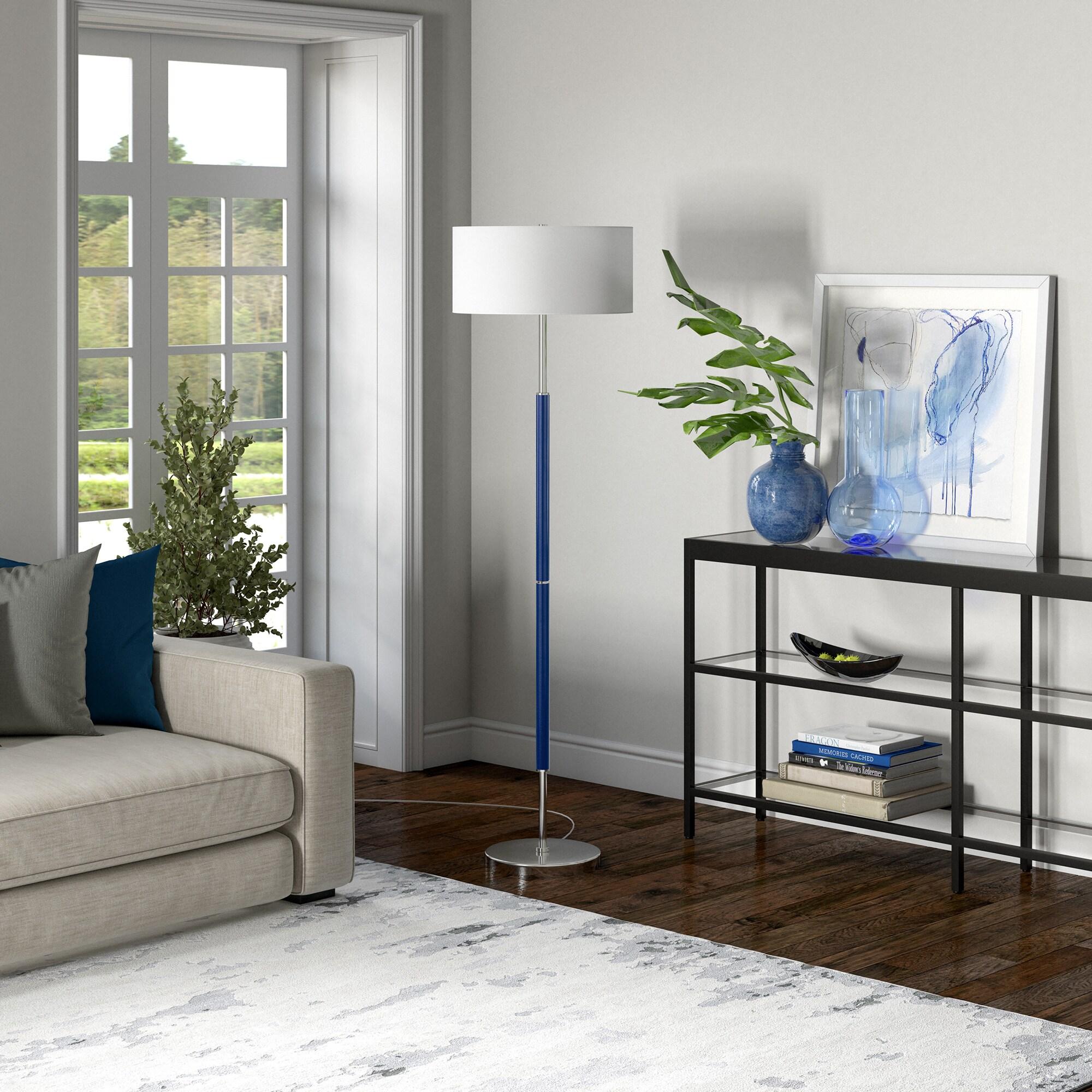 Evelyn&Zoe Simone 2-Light Floor Lamp with Fabric Shade, Blue/Polished Nickel/White