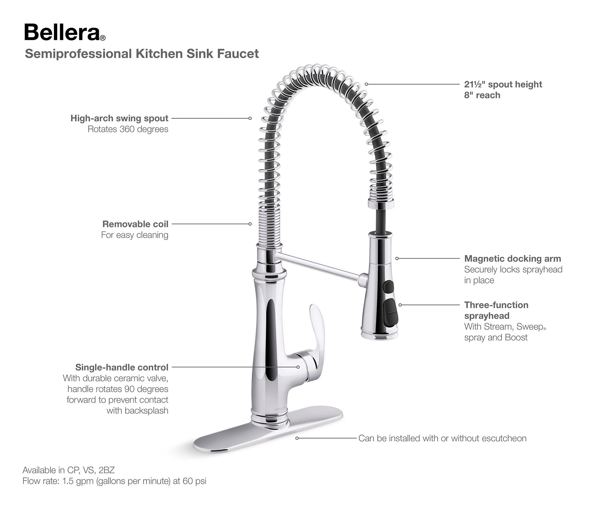 Kohler Bellera Single Handle Semi-Professional Pre-Rinse Kitchen Faucet with Three-Function Pull Down Sprayer