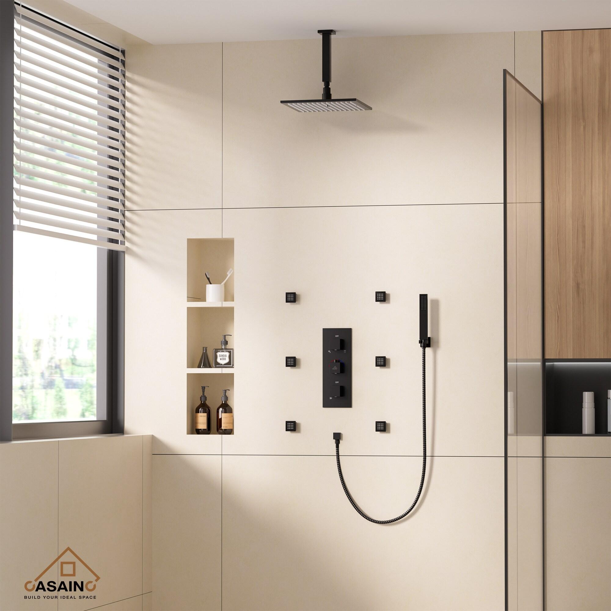 3-Function Luxury Ceiling Mount 12 Inch LED Thermostatic Shower System with 6 Body Jets