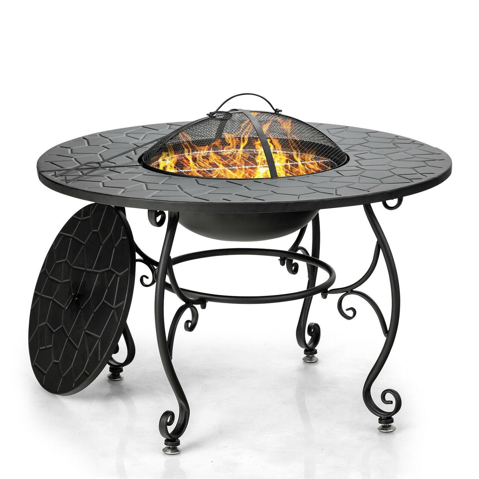 Costway 35.5'' Patio Fire Pit Dining Table Charcoal Wood Burning W/ Cooking BBQ Grate