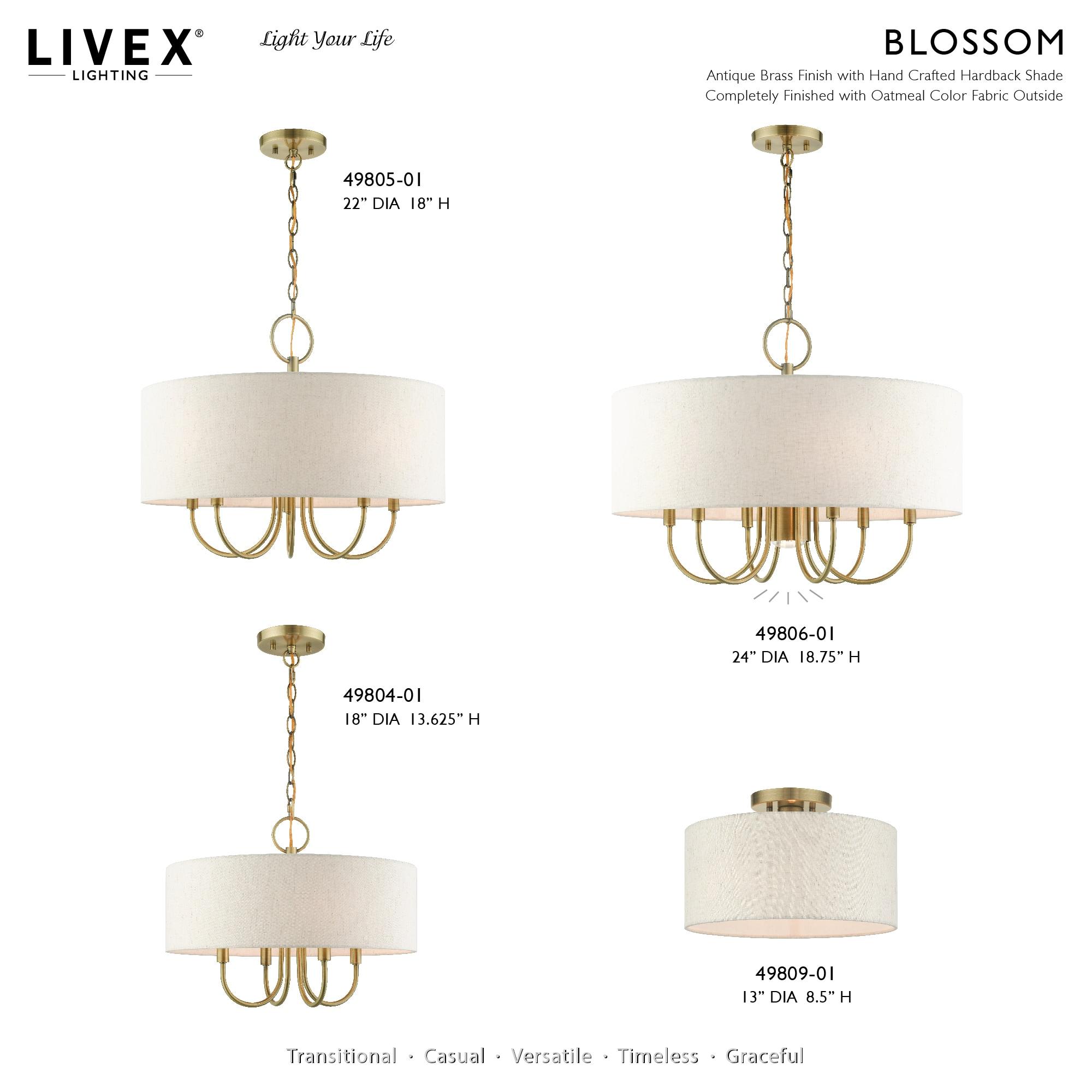Livex Lighting Blossom 5-Light Metal/Fabric Pendant Chandelier in Antique Brass