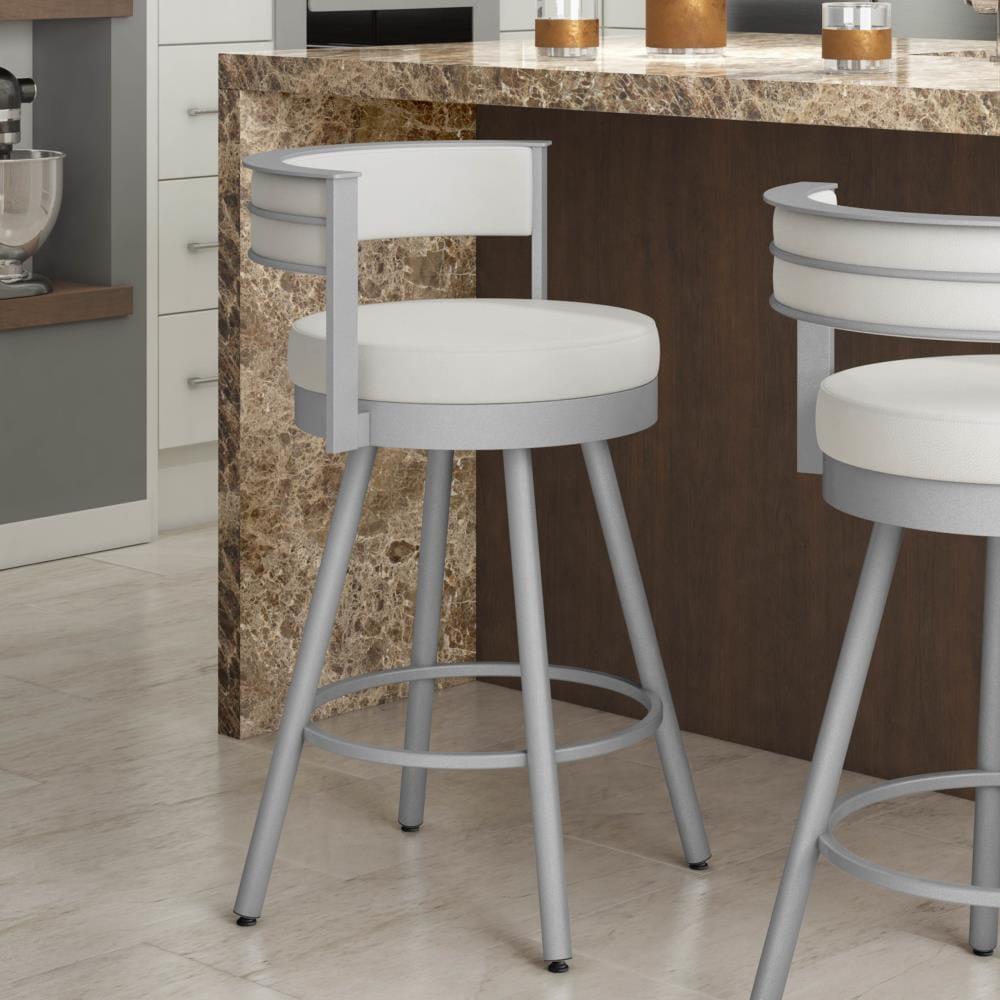 Amisco Eller 30 In. Swivel Bar Stool - Off White Faux Leather / Shiny Grey Metal