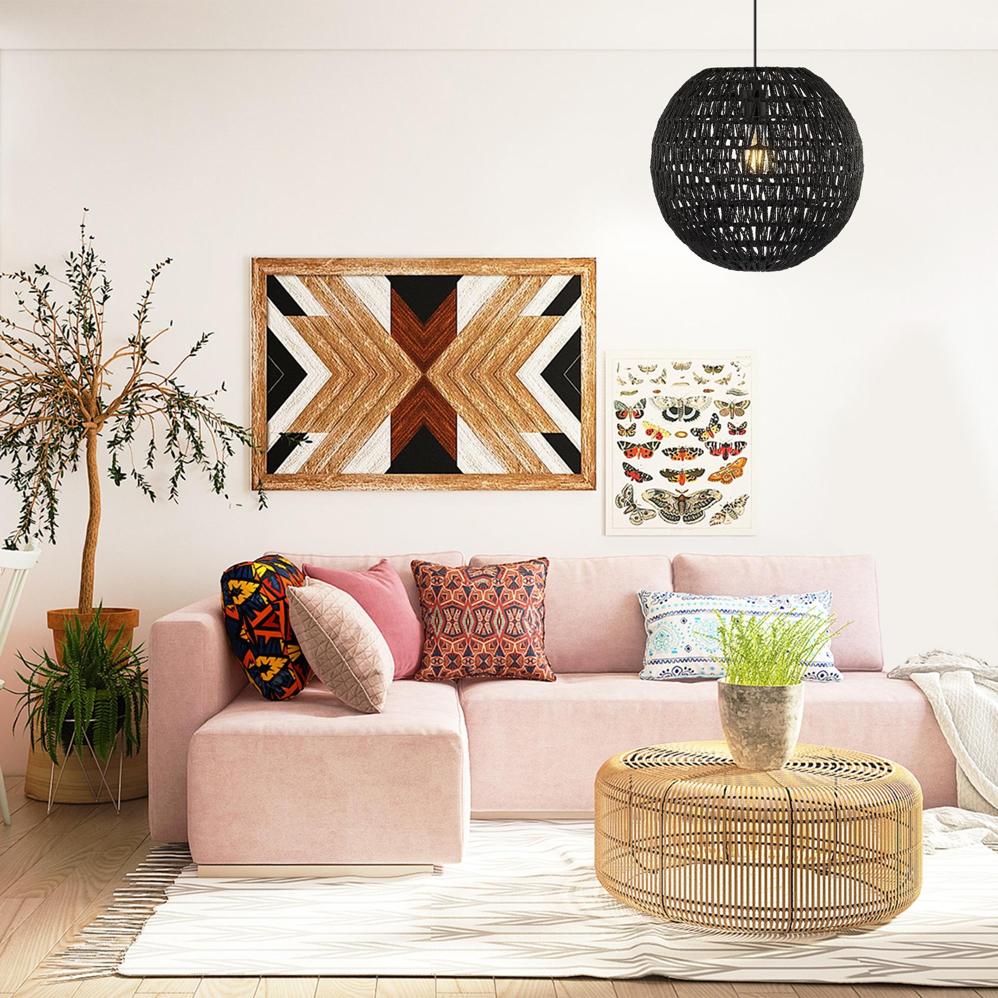 Luna 15.75" 1-Light Bohemian Modern Woven Rattan/Iron LED Pendant, Black