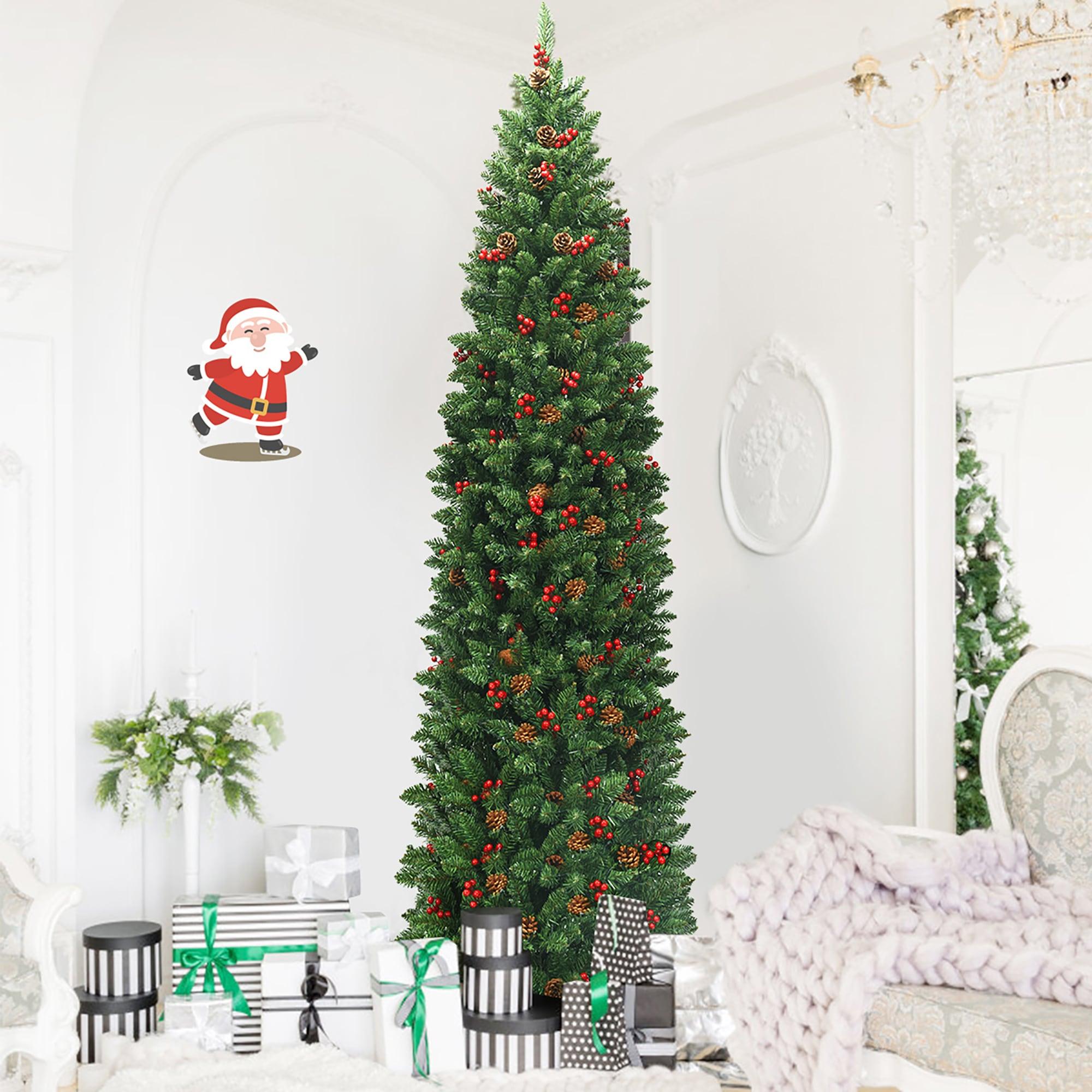 Costway 7.5Ft Pre-lit Hinged Pencil Christmas Tree w/Pine Cones Red Berries & 350 Lights