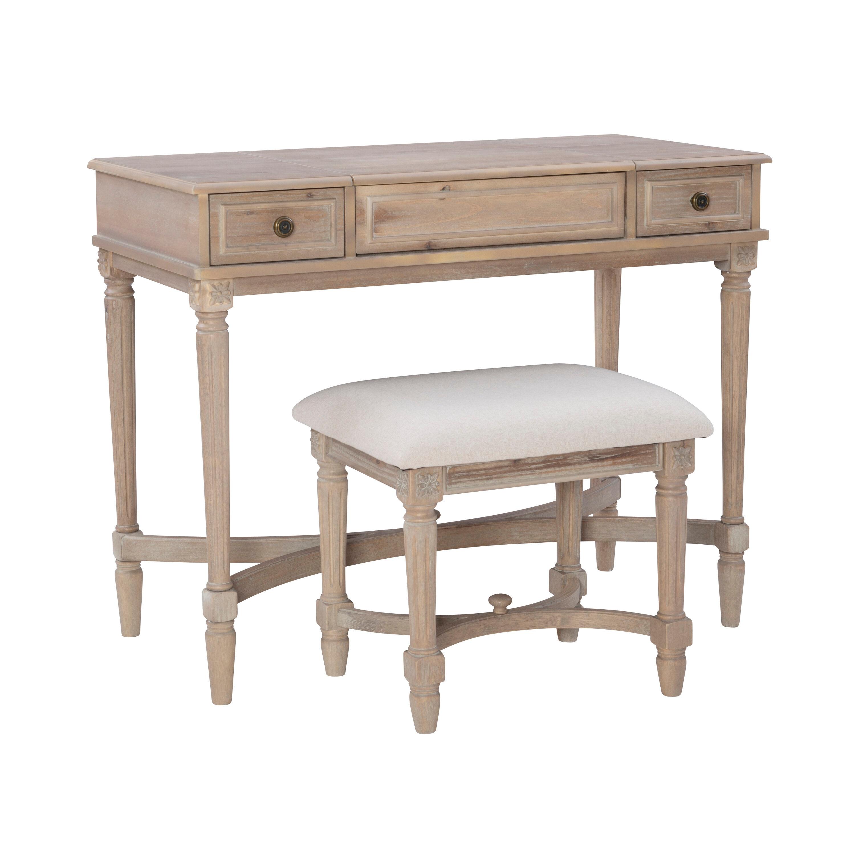 Kelly Clarkson Home June Natural Two Drawer Flip Top Vanity Set with Stool