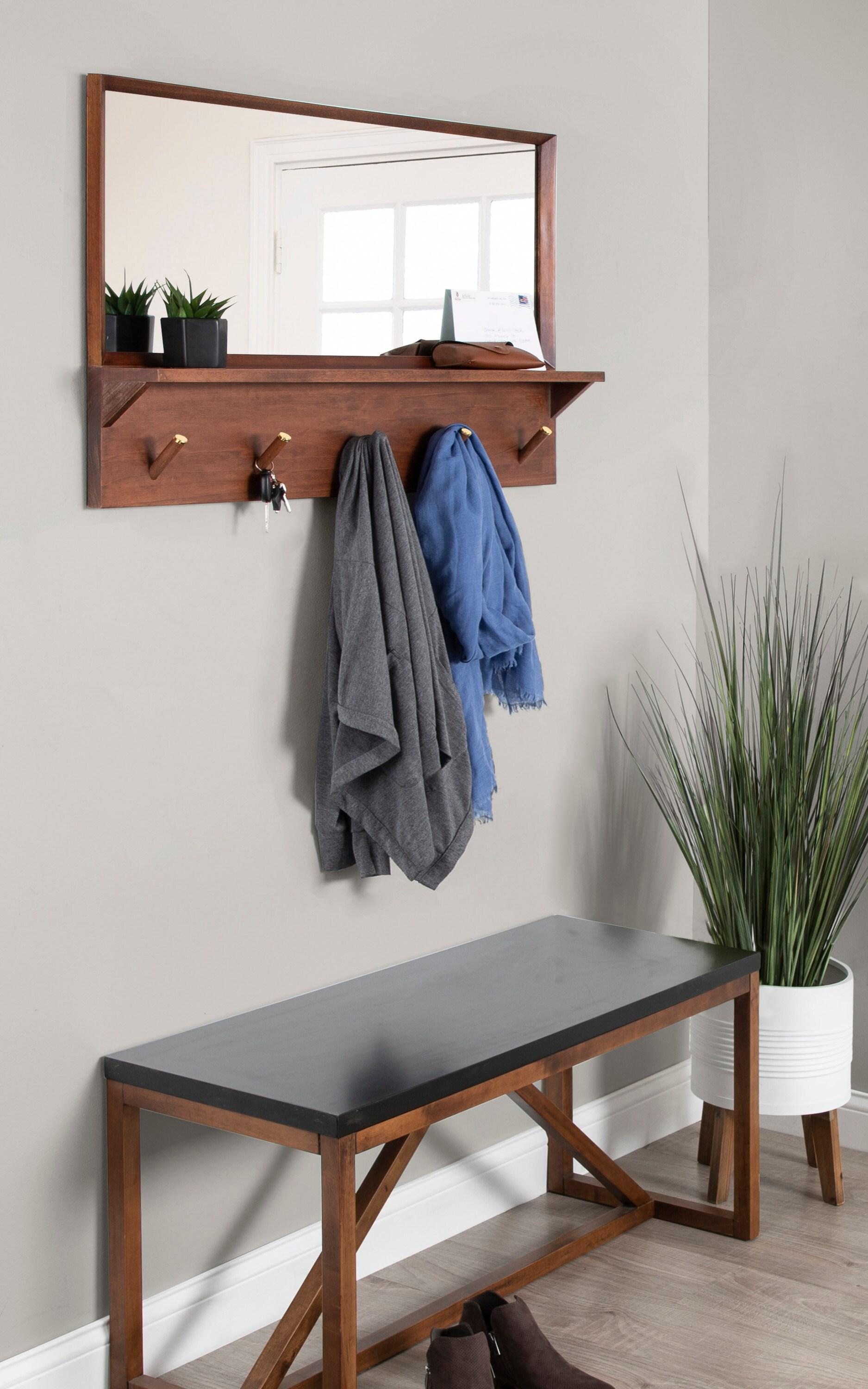24" x 36" Hinter Functional Wall Mirror Walnut Brown - Kate & Laurel All Things Decor: Mid-Century, Storage Shelf, Hanging Hooks