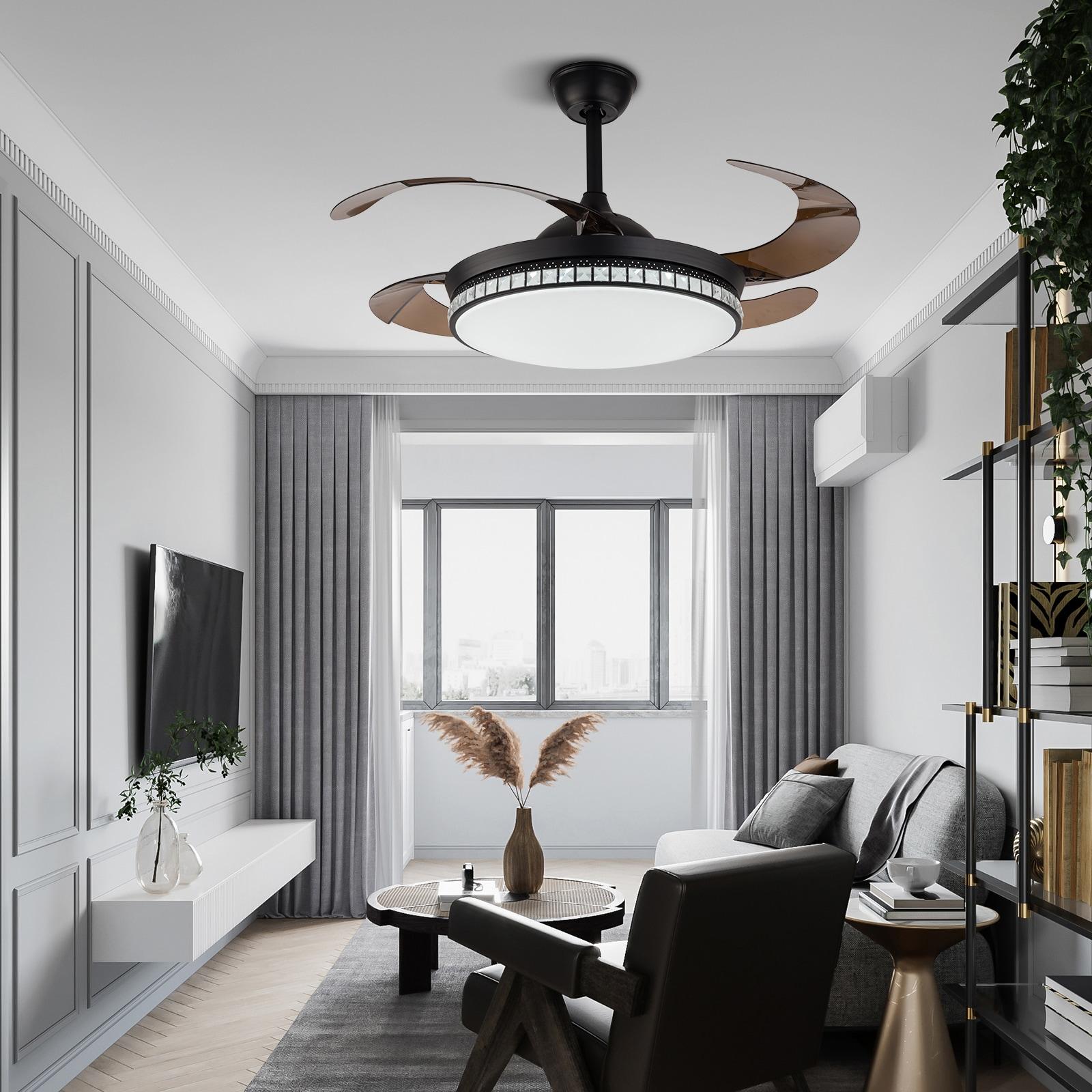 42 inch Modern Ceiling Fan with Light Remote Contro, 4-Blades Retractable LED Chandelier Fan Ceiling Light Fixture for Dining Room Living Room Black