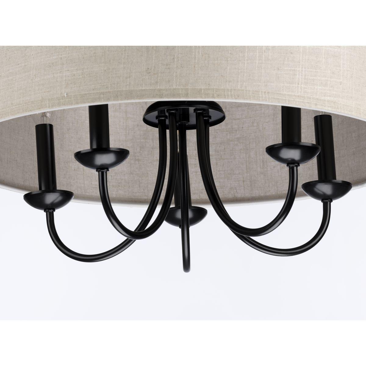 Progress Lighting, Drum Shade Collection, 5-Light Pendant, Black Finish, Harvest Linen Shade