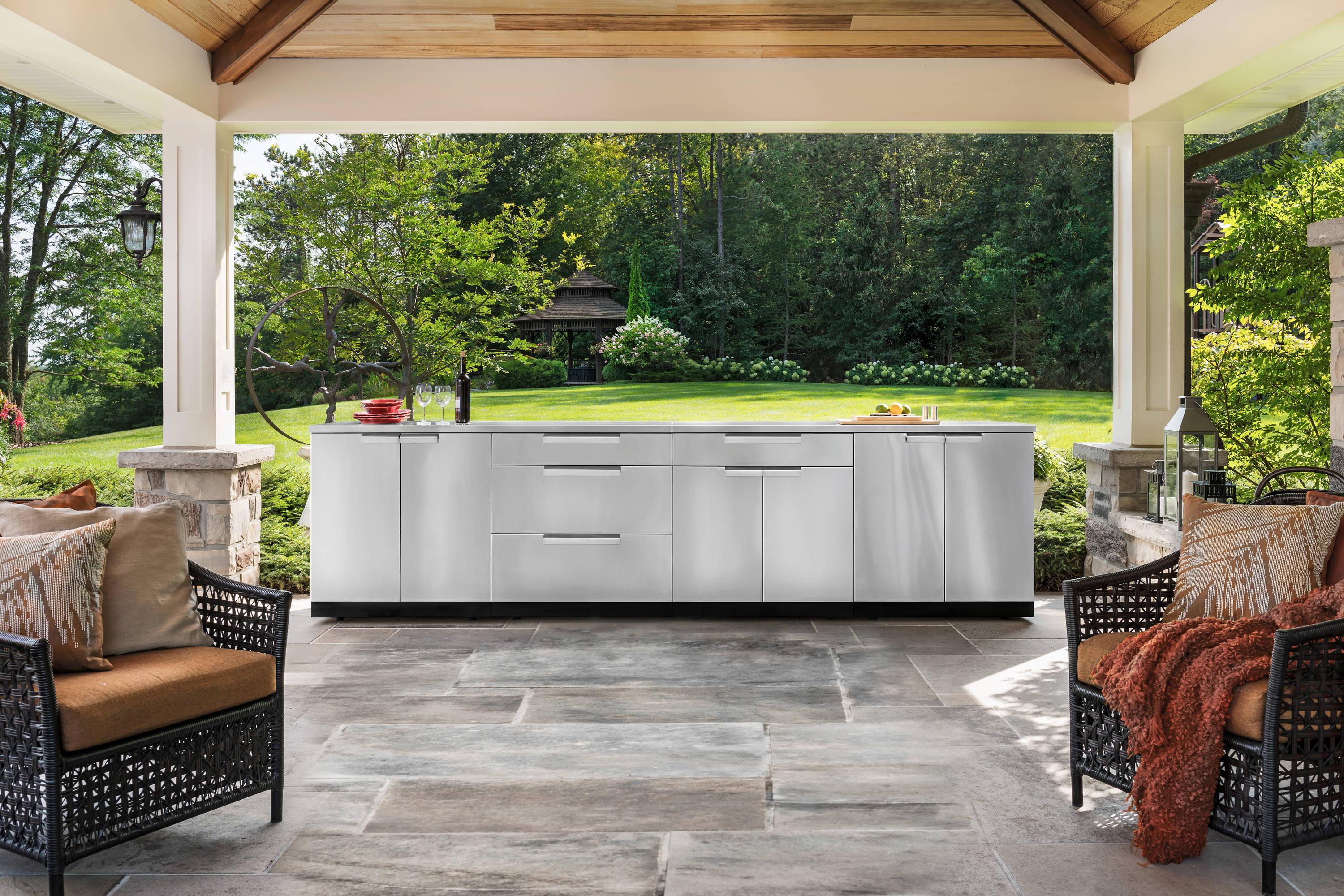 Outdoor Kitchen Cabinets 97" W x 24" D Stainless Steel 5-Piece Set with Covers