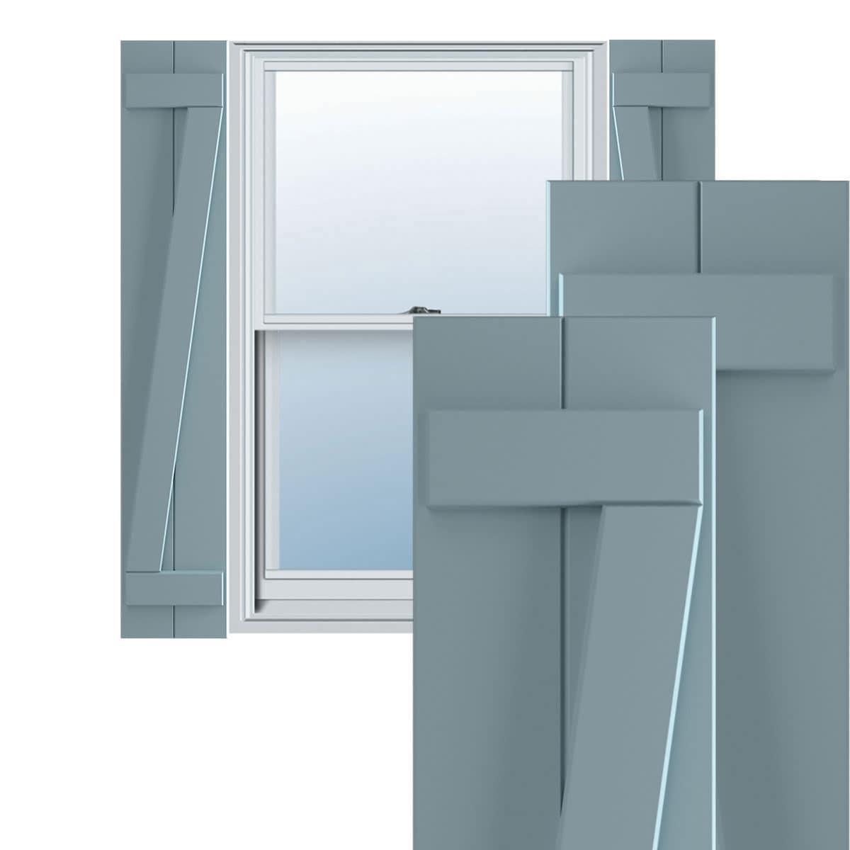 Ekena Millwork 10 Persianas True Fit de PVC de 3/4" de Ancho x 59" de Alto, Dos Tableros Unidos, Tablero y Bate con Barra en Z, Azul Pacífico (por Par, Hardware No Incluido)