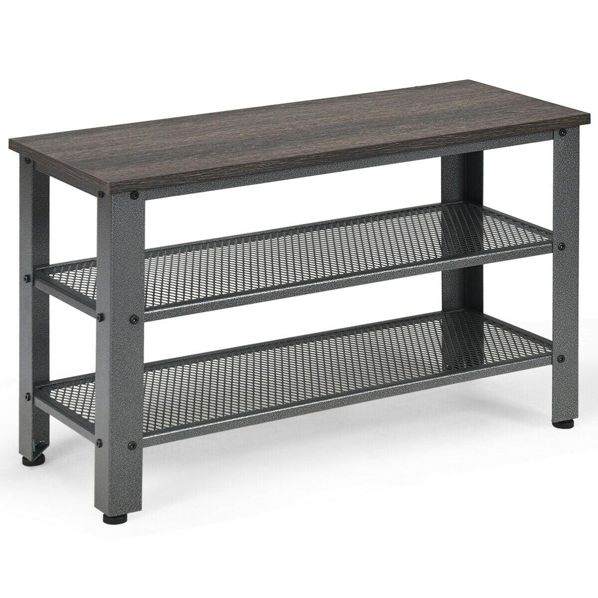 Tangkula 3-Tier Industrial Shoe Rack Entryway Bench with Mesh Storage Shelf
