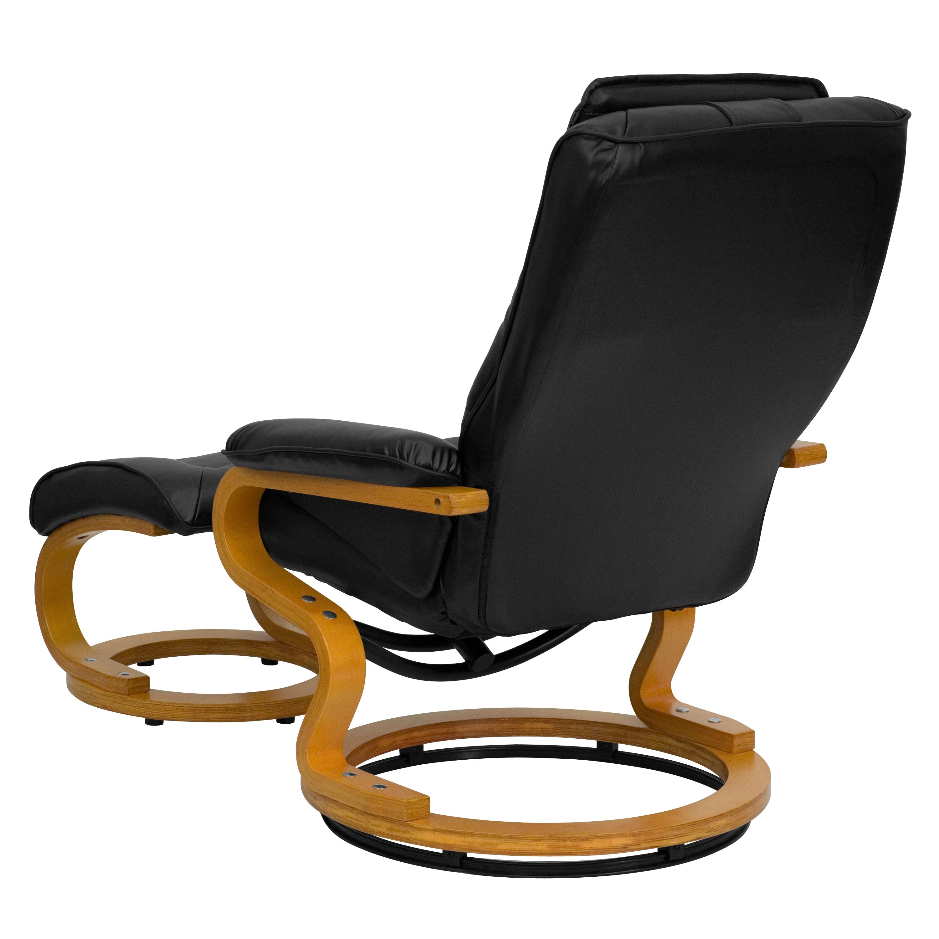 Flash Furniture Davies Contemporary Adjustable Recliner and Ottoman with Swivel Maple Wood Base in Black LeatherSoft