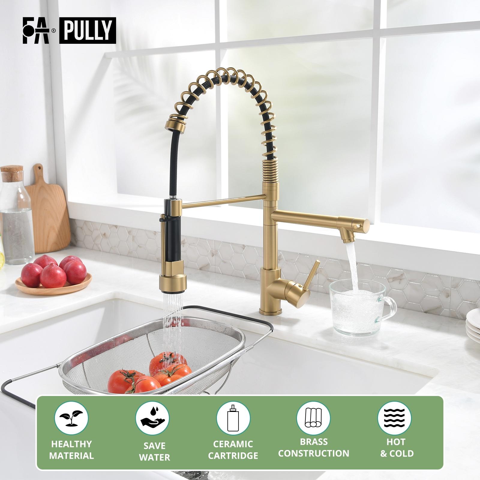Fapully Single Handle High Arc Brushed Gold Pull Down Kitchen Faucet LED,Single Level Kitchen Sink Faucets with Pull Down Sprayer