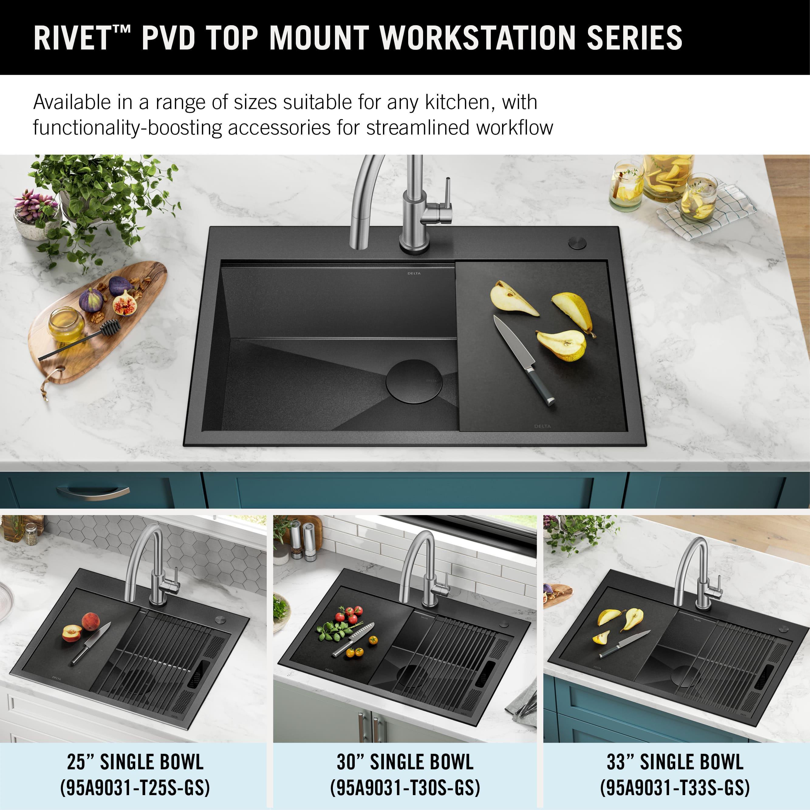 Delta Rivet™ Black Stainless Steel Drop-In Top Mount 16 Gauge Workstation Kitchen Sink Single Bowl