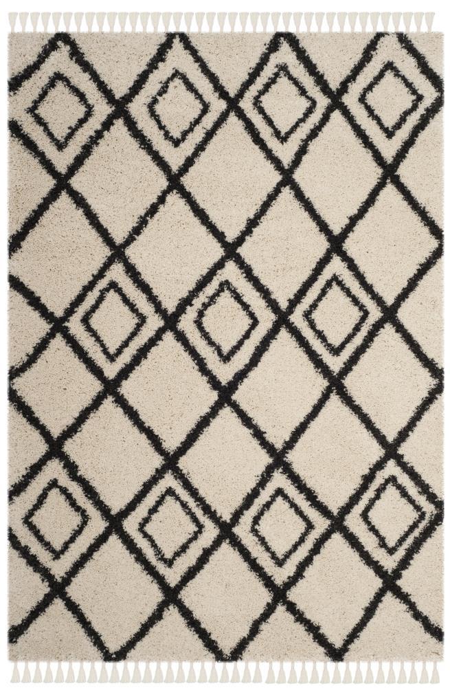 SAFAVIEH Moroccan Fringe Kingston Geometric Shag Area Rug, Cream/Charcoal, 4' x 6'