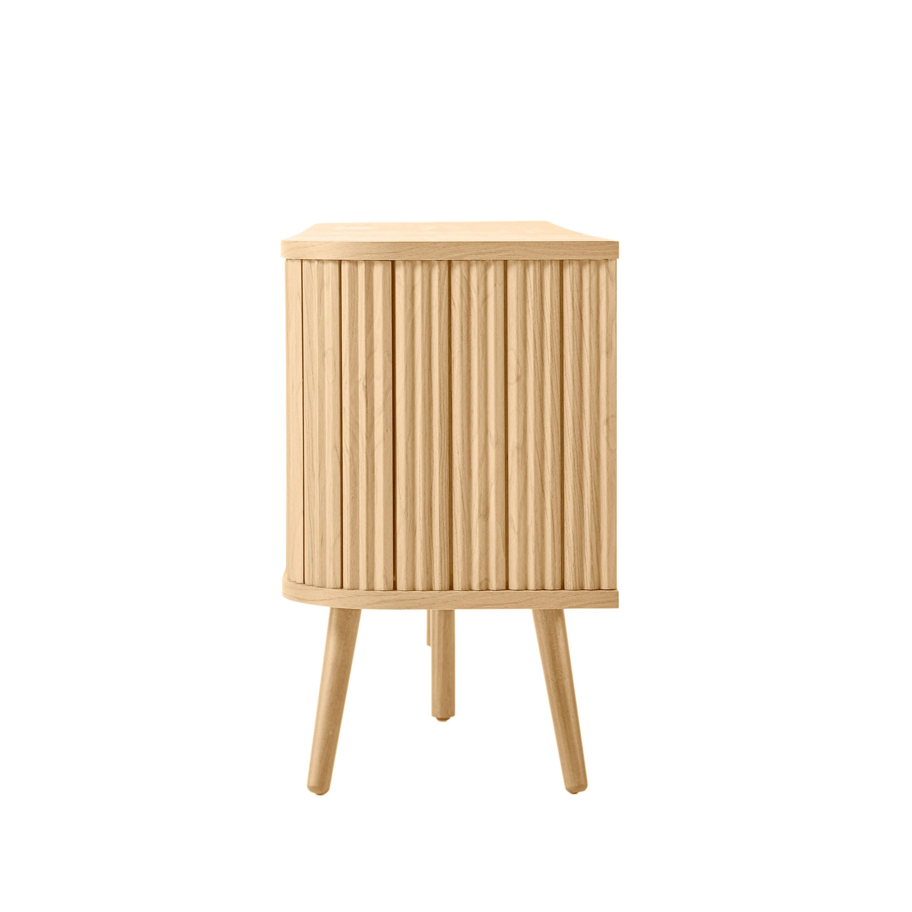 JONATHAN Y Damien 70 in. Farmhouse Curved TV Stand with Drawer and Storage Doors Fits TVs up to 75 in. with Cable Management, Oak