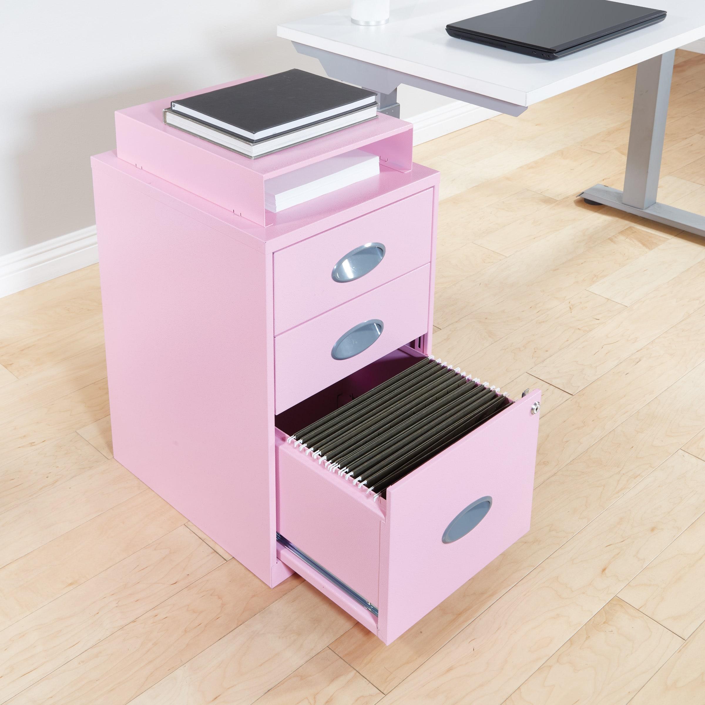 OSP Home Furnishings 3-Drawer Lockable Metal File Cabinet, Pink