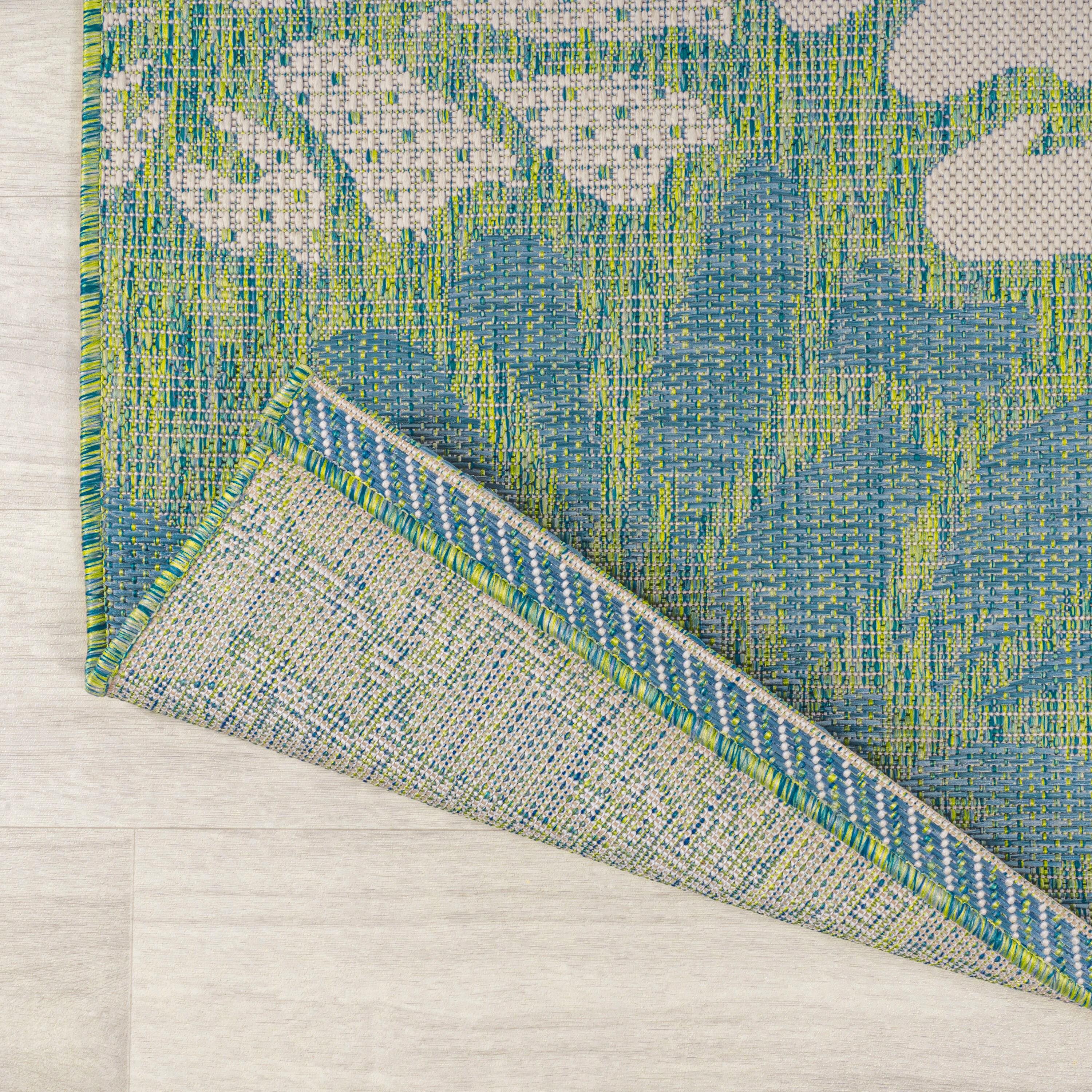 2' x 10' Zinnia Modern Floral Textured Weave Indoor/Outdoor Runner Rug, Cream/Green - JONATHAN Y