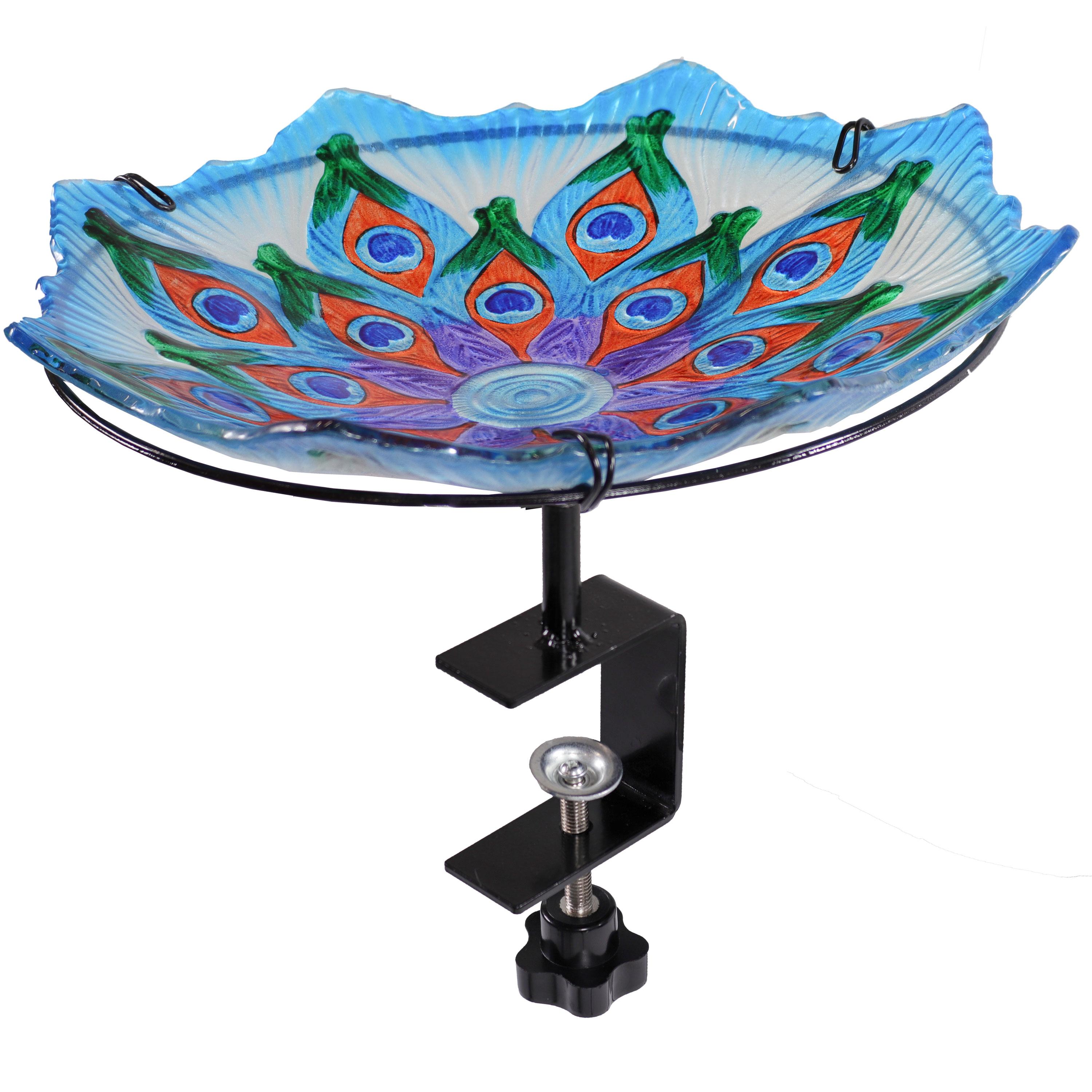 Sunnydaze Exquisite Feathers Deck-Mounted/Staked Glass Bird Bath - 11” Diameter - Turquoise