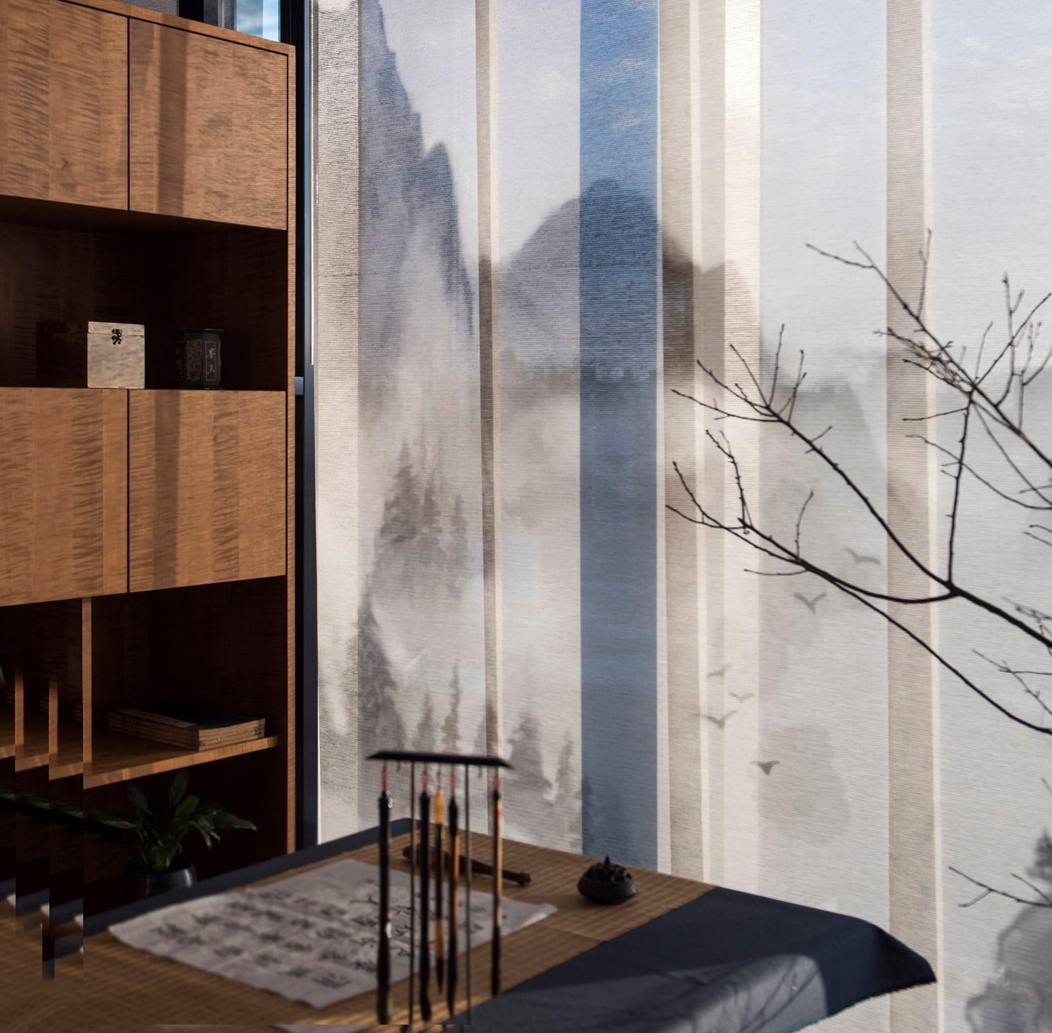 GoDear Design 4-Panel Single Rail 23-in Slat Width 86-in x 96-in Cordless Shangri-La Fabric Sheer Vertical blinds