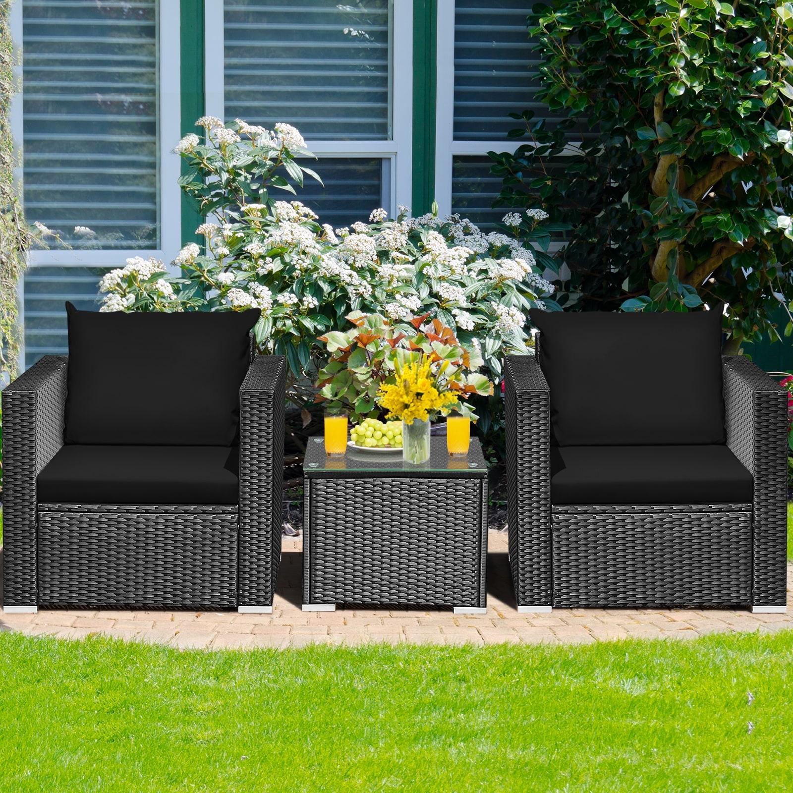Resenkos 3 Pieces Patio Wicker Conversation Set, Outdoor Furniture Garden Conversation Bistro Sets with Coffee Table and Cushions-Black