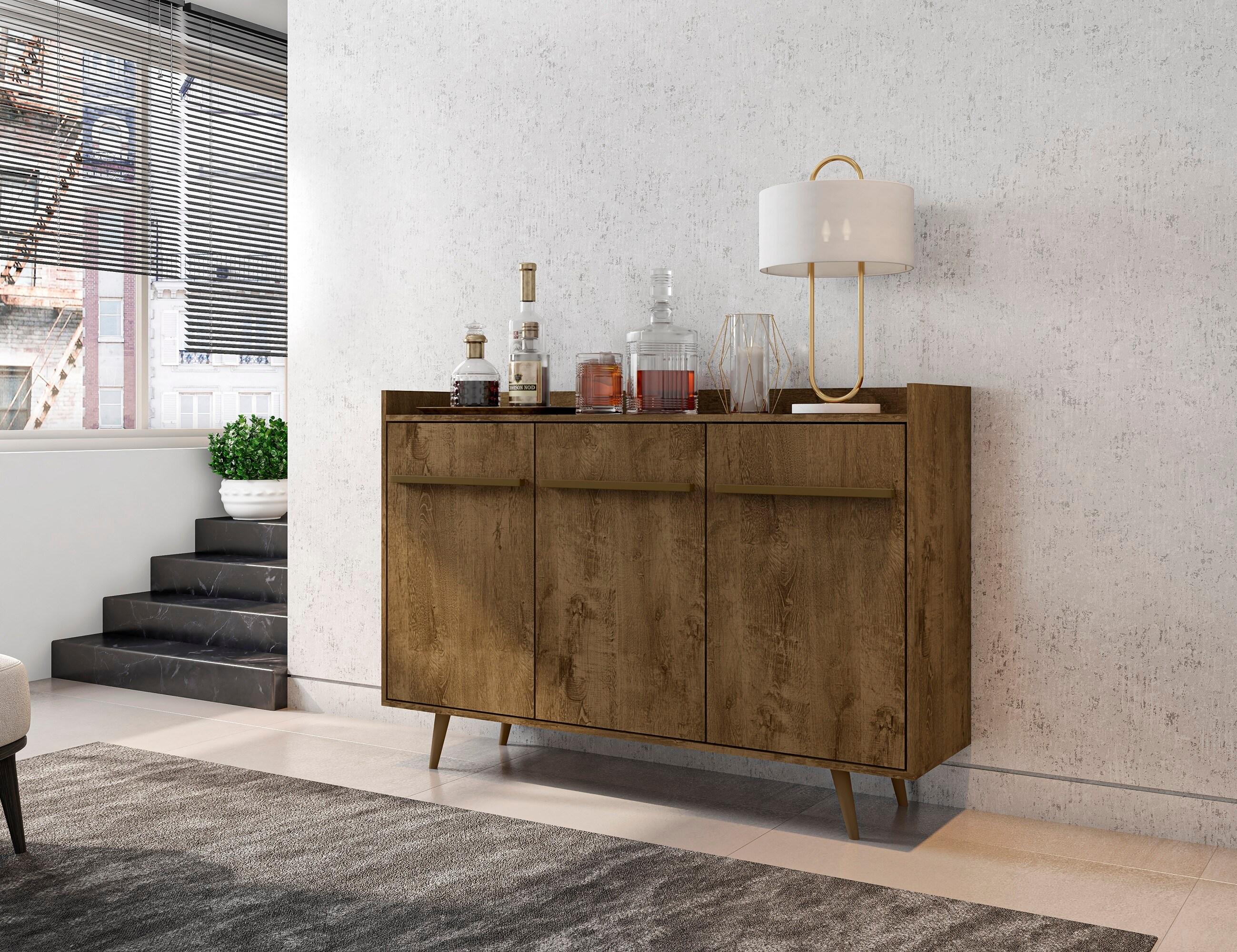 53.54" Bradley Buffet Stand Rustic Brown - Manhattan Comfort: Mid-Century Modern Sideboard, Fixed Shelves