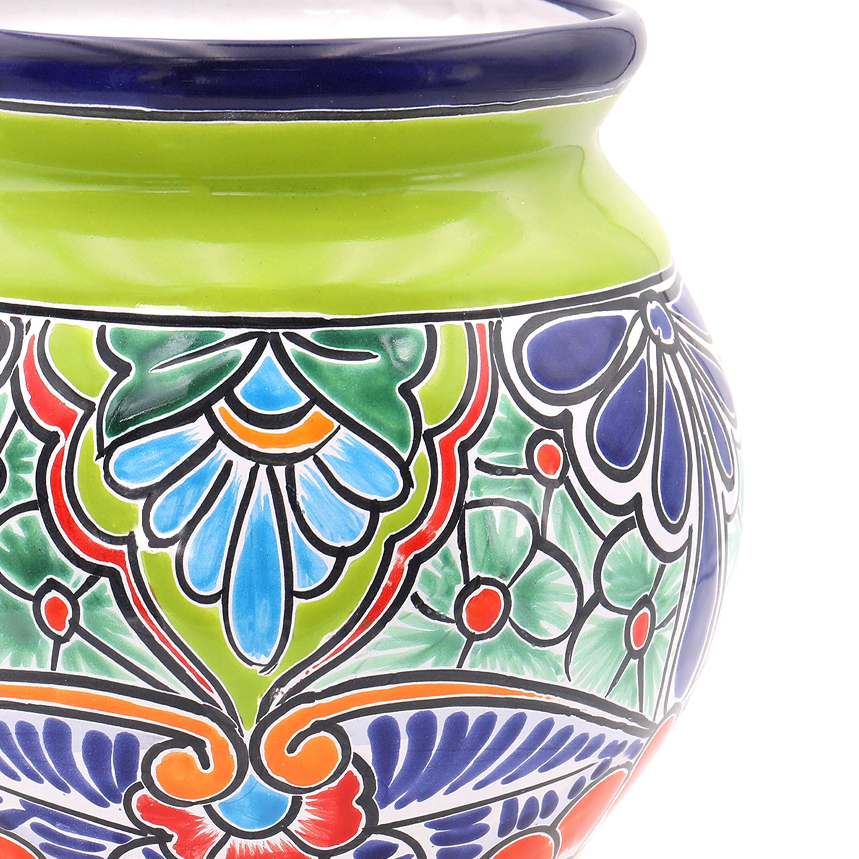 Green Tilted Talavera Ceramic Floral Planter, 10 Inch