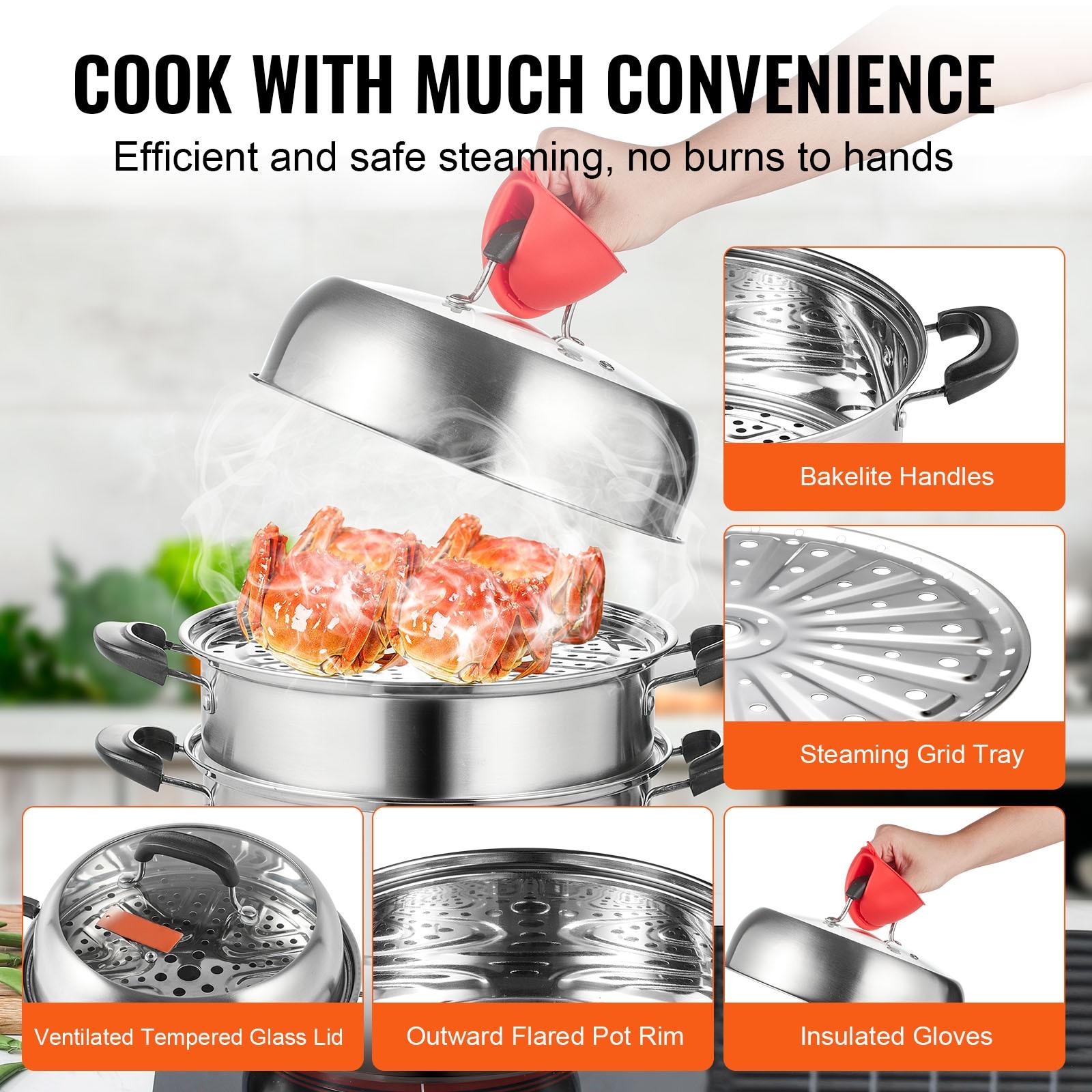 Stellweilan Tessberg Steamer Pot 11in/28cm, 3 Tier Steamer Pot for Cooking with 8.5QT Stock Pot, Vegetable Steamer & 2 Steaming Tray, Food-Grade 304 Stainless Steel Food Steamer Cookware for Gas Electric Stove Grill