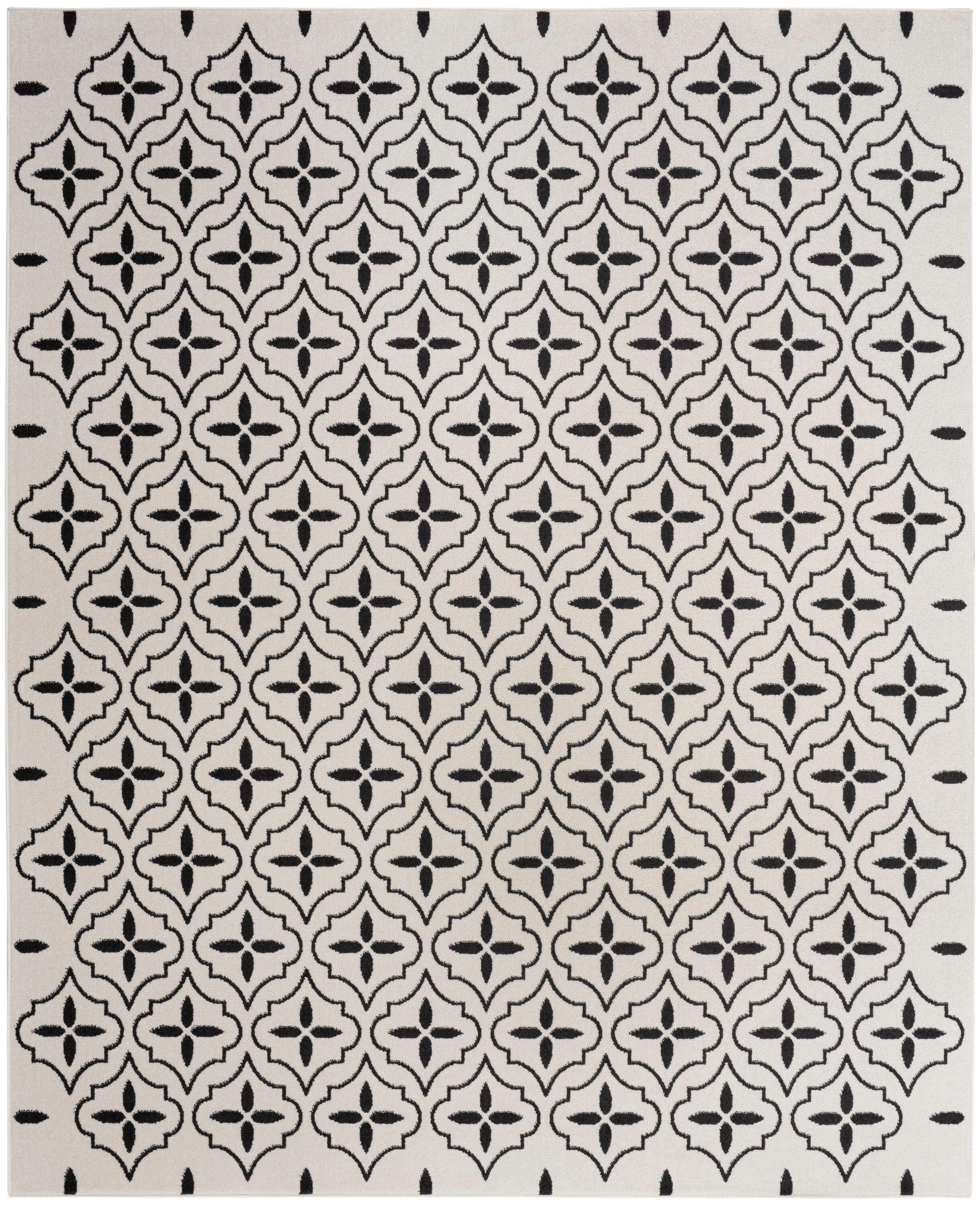 Nourison Essentials Moroccan Modern Indoor Outdoor Rug Ivory Black 5' x 7'