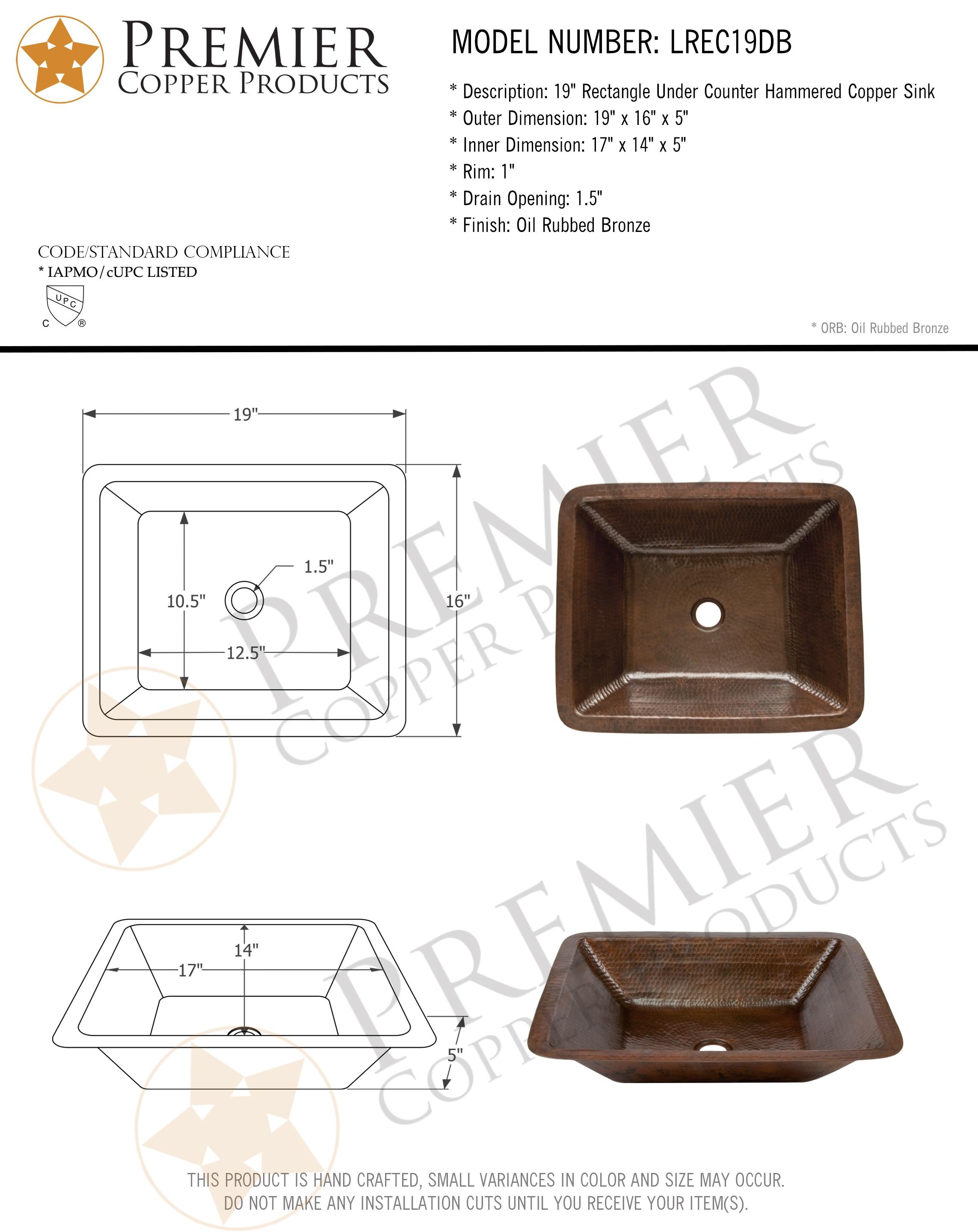 19" Rectangle Under Counter Hammered Copper Bathroom Sink