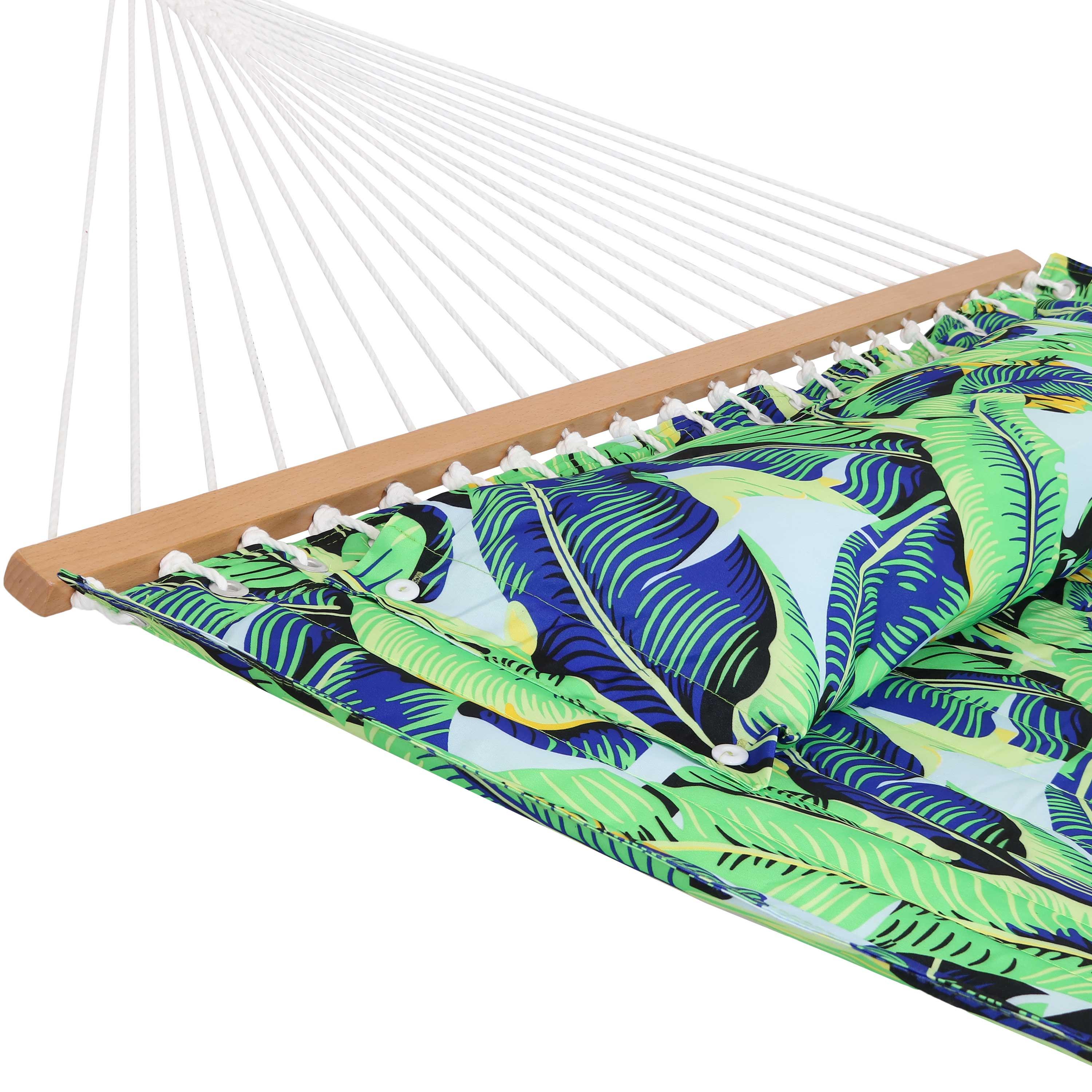 Sunnydaze 2-Person Quilted Printed Fabric Spreader Bar Hammock and Pillow with S Hooks and Hanging Chains - 450 lb Weight Capacity - Exotic Foliage