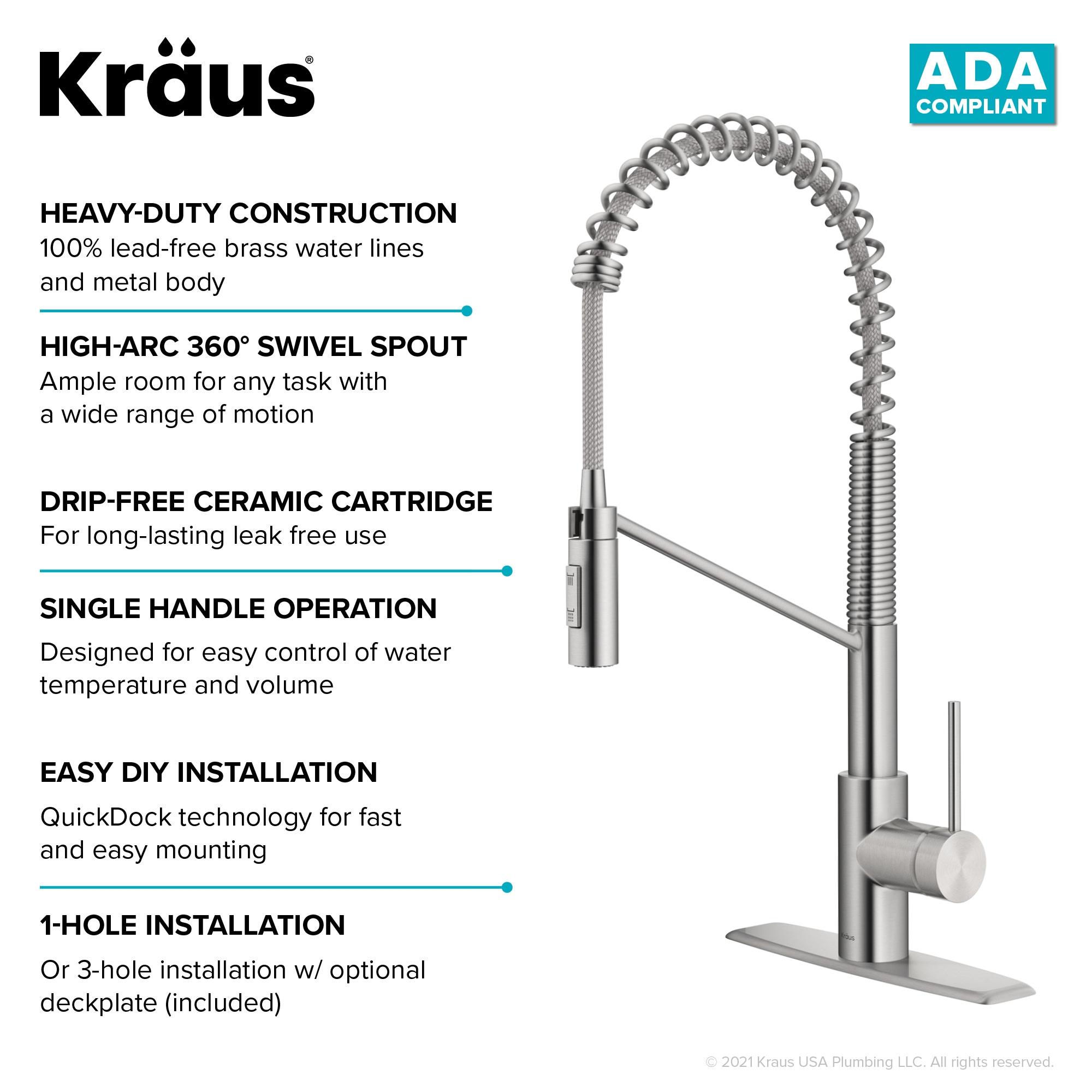 KRAUS Oletto Commercial Style Single Handle Pull Down Kitchen Faucet with QuickDock Top Mount Installation Assembly