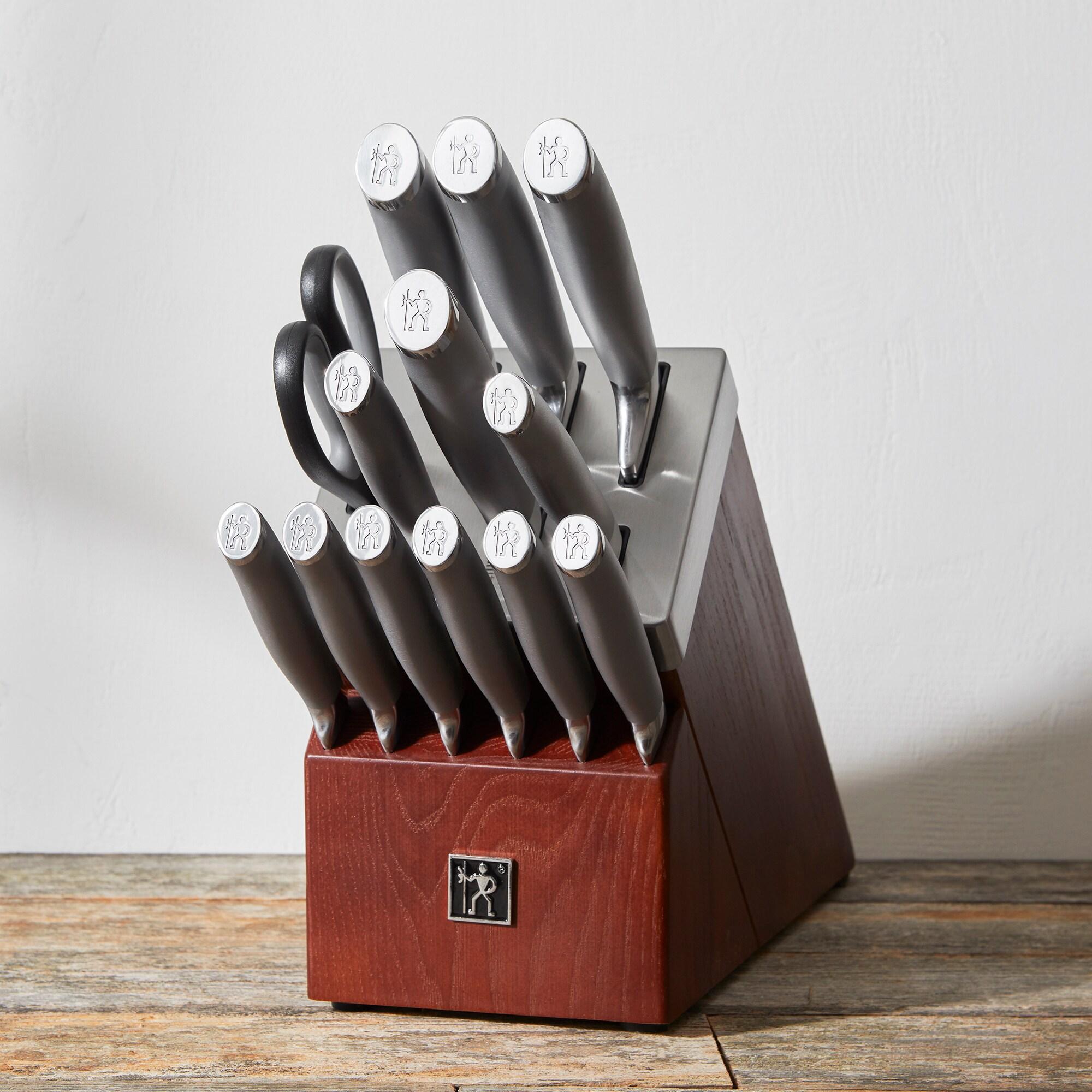 Henckels Modernist 14-pc Self-Sharpening Knife Set with Block, Chef Knife, Paring Knife, Bread Knife, Steak Knife, Dark Brown, Stainless Steel, Walnut