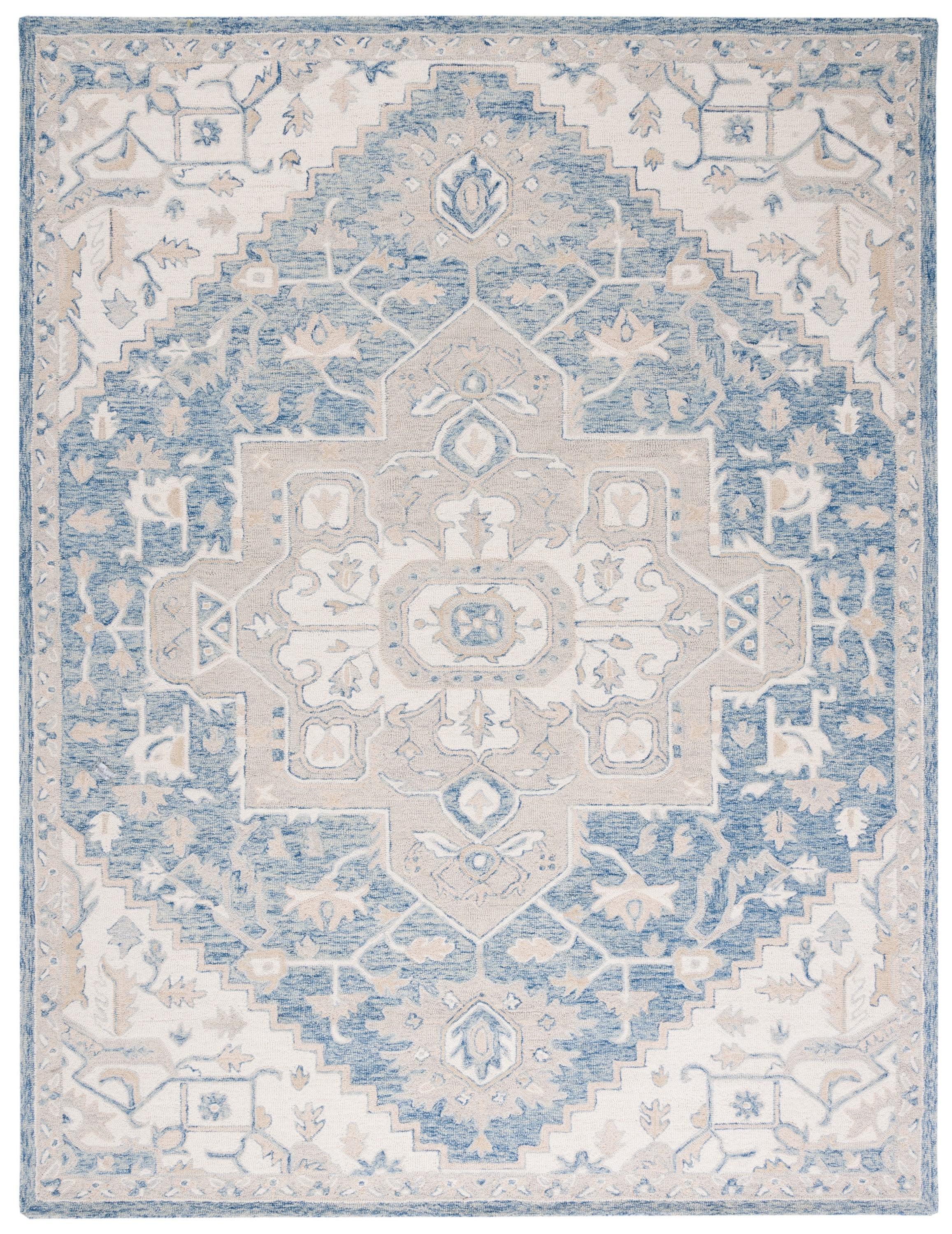 SAFAVIEH Micro-Loop Braylon Traditional Floral Wool Area Rug, Blue/Ivory, 9' x 12'