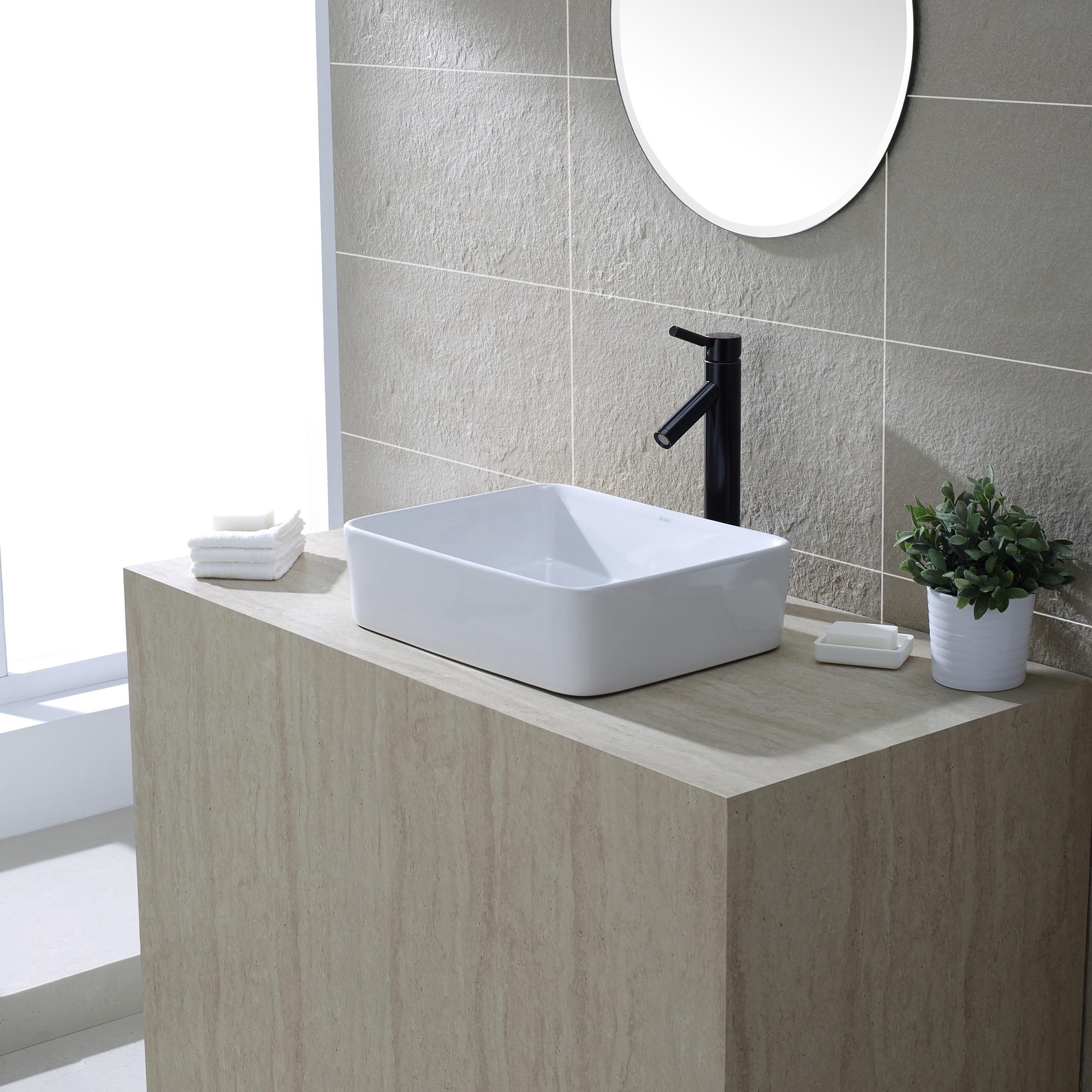 KRAUS Rectangular Ceramic Vessel Bathroom Sink in White with Pop-Up Drain in Oil Rubbed Bronze