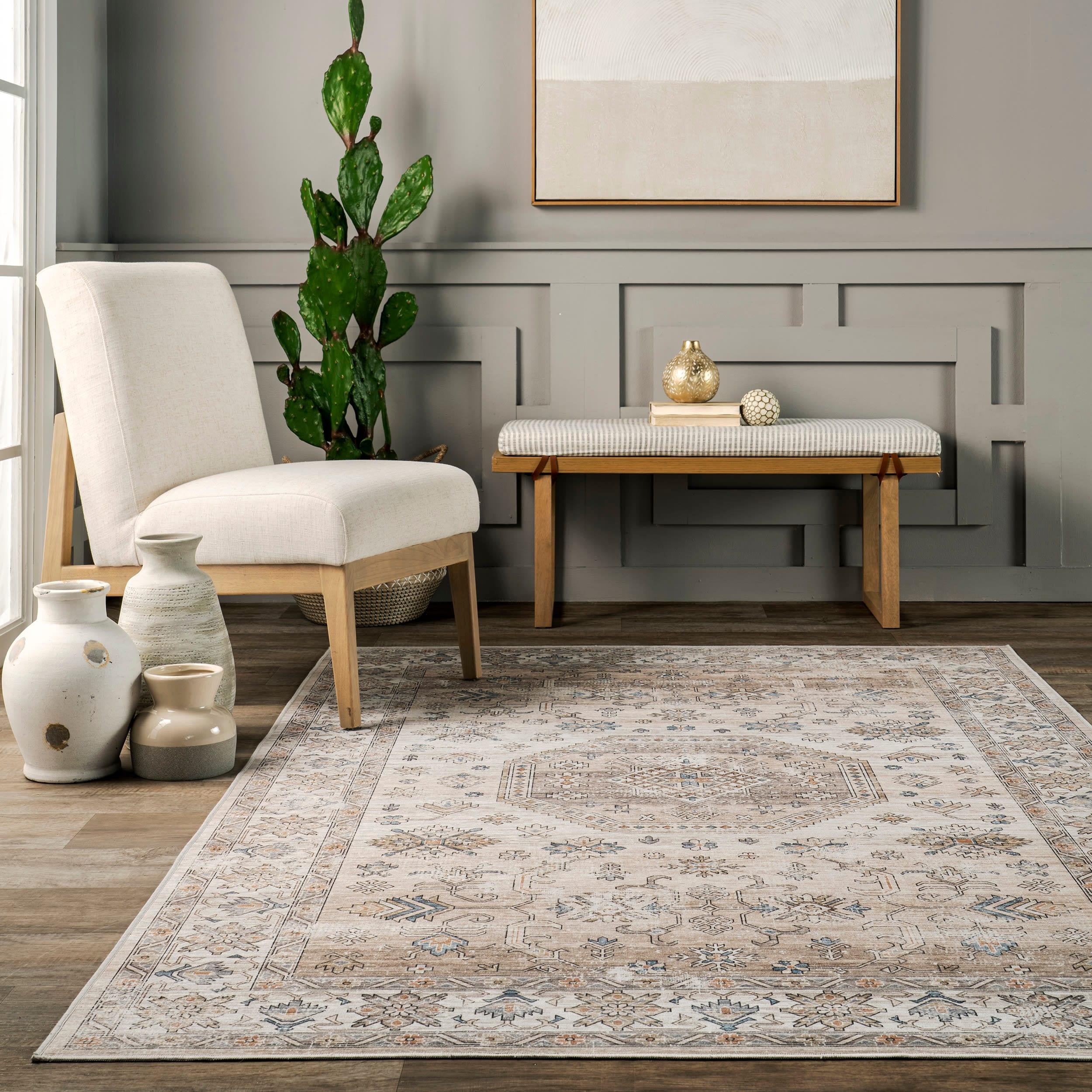 Nuloom Darby Medallion 9x12 Spill Proof Machine Washable Indoor Area Rug for Living Room Bedroom Dining Room, Beige/Ivory