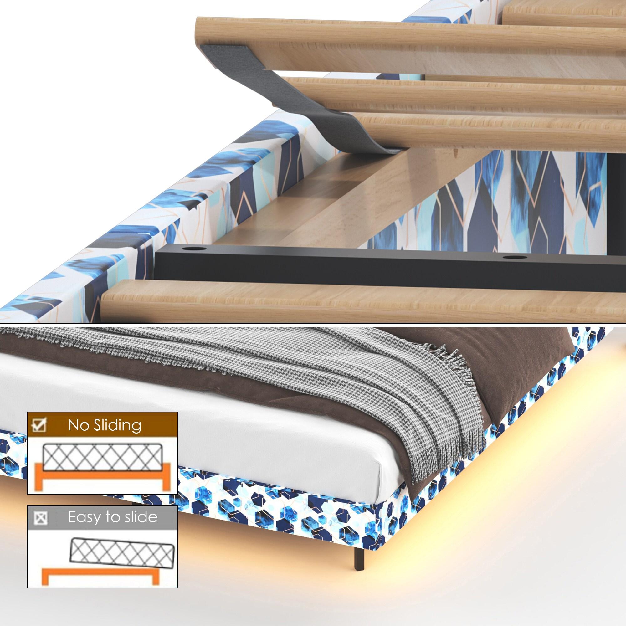 SYNGAR Floating Queen Bed Frame with Upholstered Storage Headboard, Modern Metal Bed Frame with LED Light and Charging Station, Noise Free, Wood Slat Support, No Box Spring Needed, Muticolor