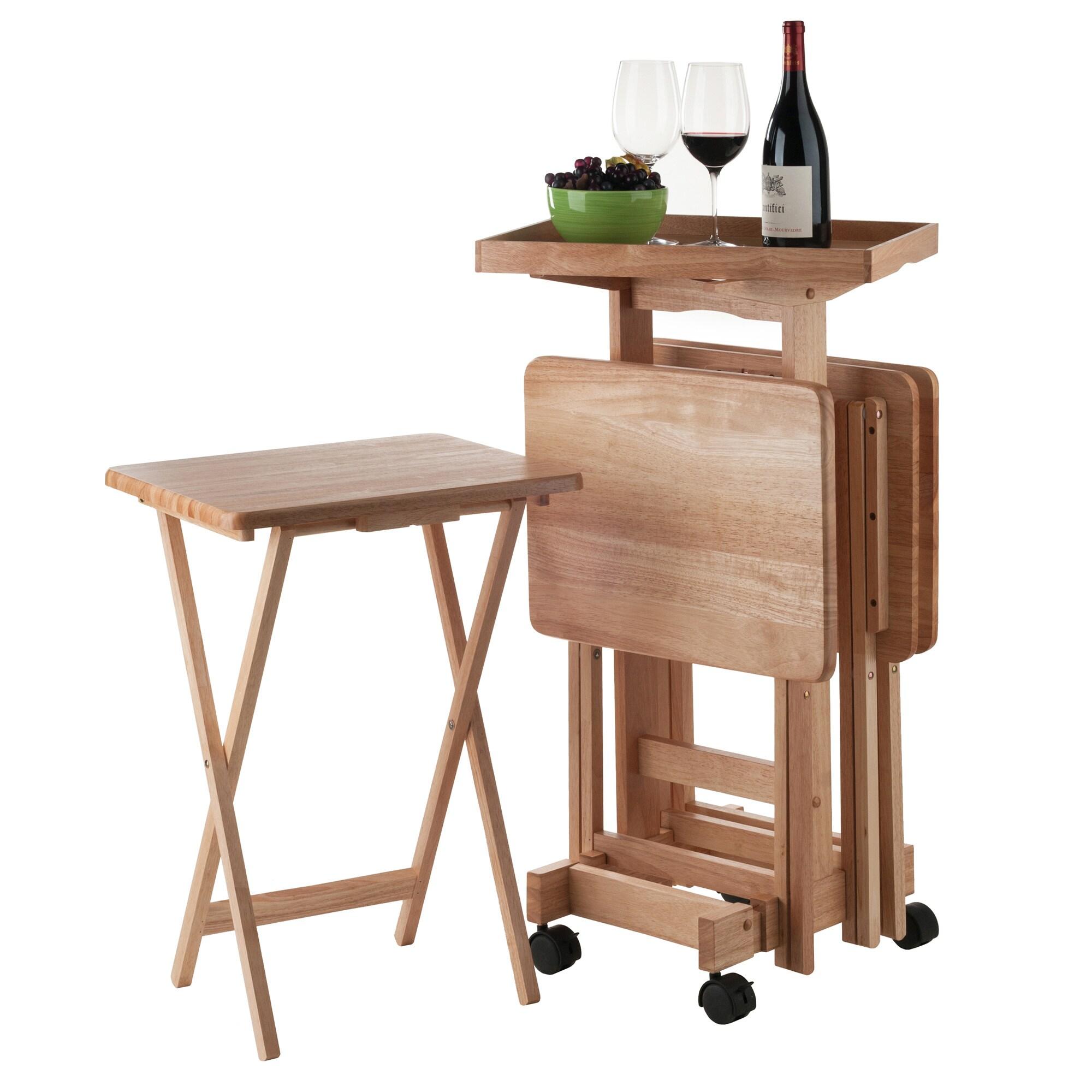 6pc Snack Table Set - Natural - Winsome: Hardwood Construction, Foldable with Wheeled Storage Frame