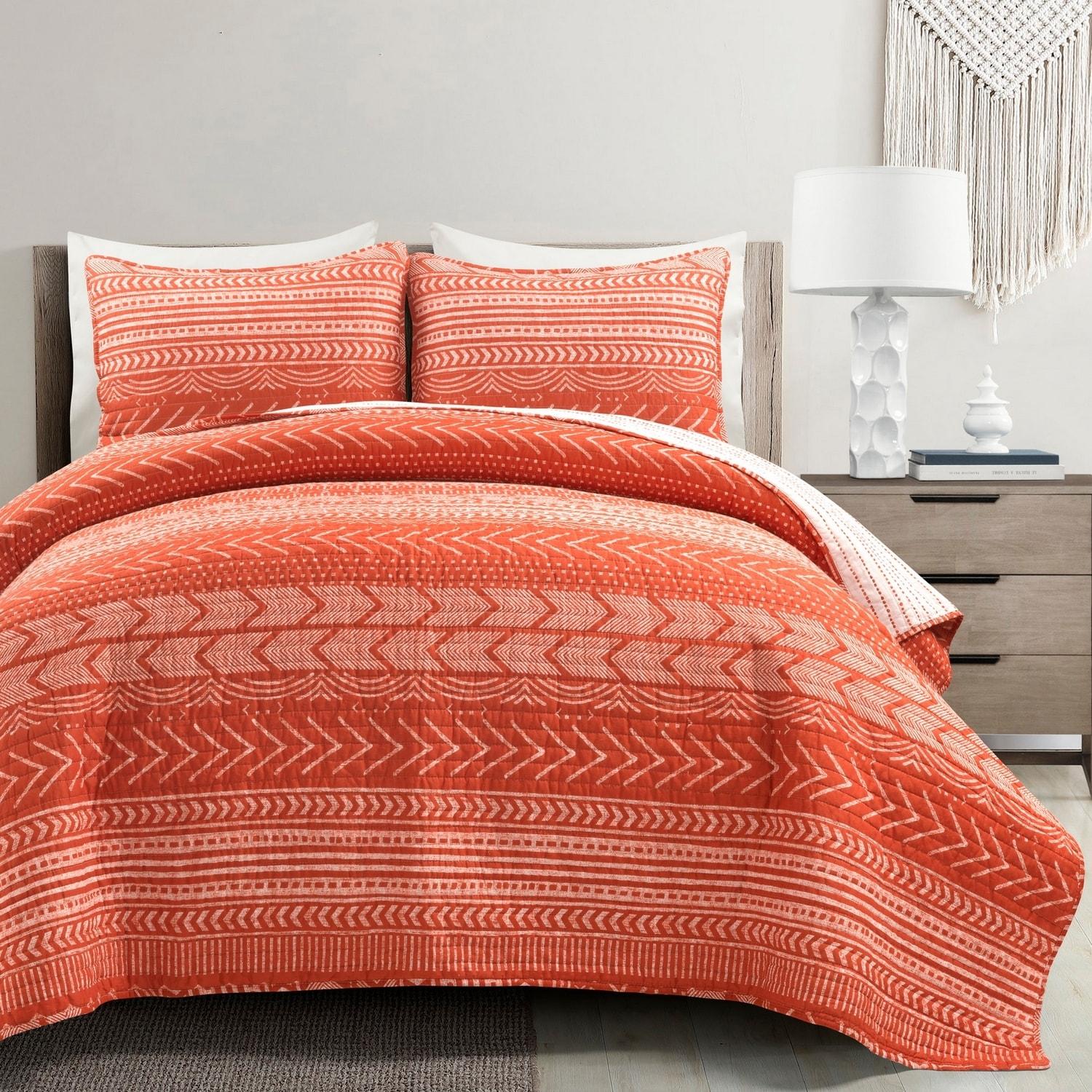 Brunt Orange Cotton Reversible 3 Piece Quilt Set