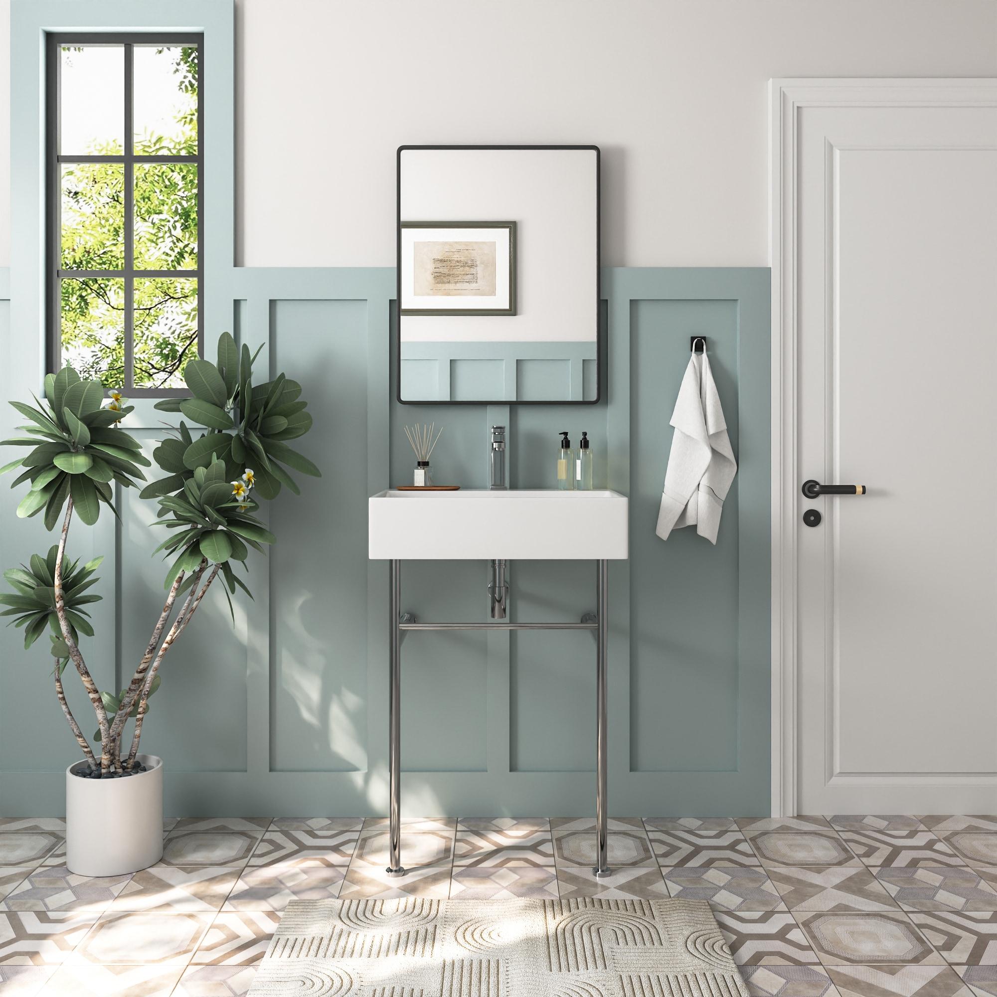 Ceramic White Rectangular Single Faucet Hole 24 in Console Bathroom Sink with Overflow